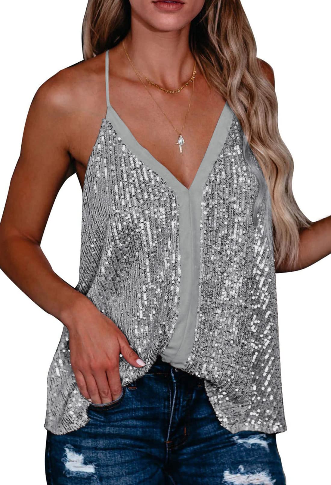 Shawhuwa Women's V-Neck Sequin Strappy Flowy Tank Top - Sexy Sleeveless Racerback Cami Shirt for Party, Club & Night Out | Plus Size Options Available