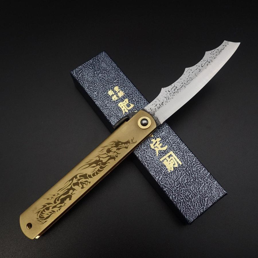 Premium Ryubu Dragon Brass Higonokami Japanese Folding Knife - 120mm Aogami Blue Steel Blade - Perfect for Camping, EDC & Collectors