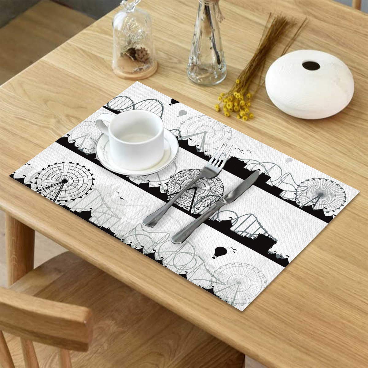 4-Pack White and Black Cotton Linen Placemats - Heat Resistant, Non-Slip & Washable Table Mats for Dining, Kitchen Decor - Retro Ferris Wheel & Hot Air Balloon Design - Perfect for Holiday Banquets, Dinner Parties, and Everyday Family Meals
