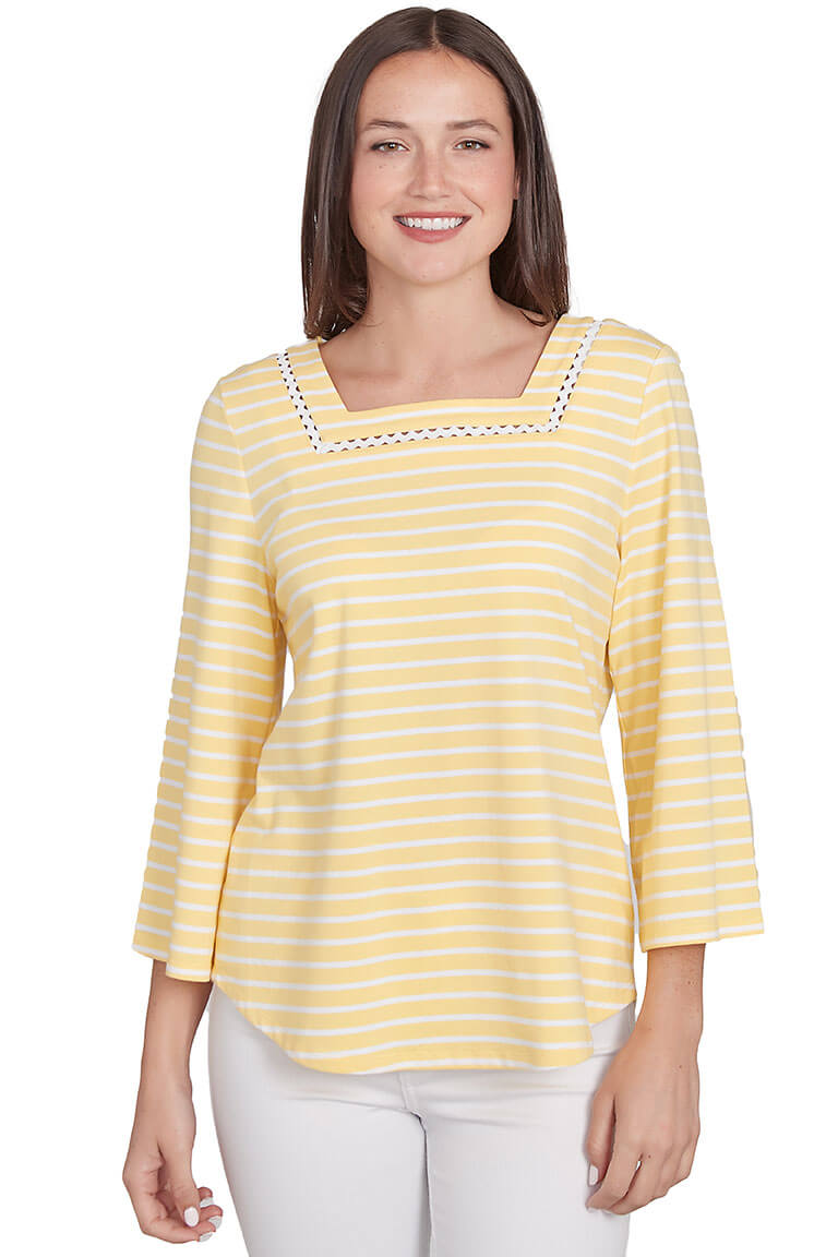 Bella Vista Striped Square Neck Top for Women - Casual Summer Blouse, Flowy Loose Fit T-Shirt | Perfect for Beach Outings, Brunch Dates & Weekend Wear