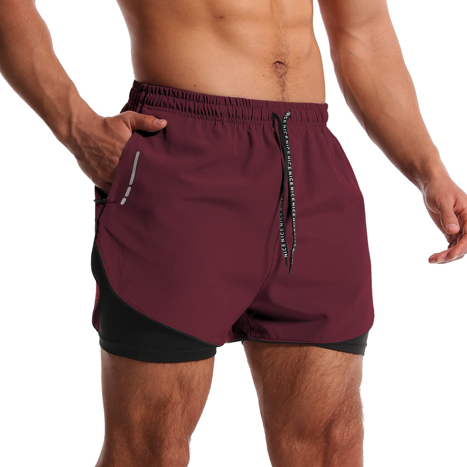 OEBLD Men's 3 Inch Running Shorts - 2-in-1 Workout Gym Shorts with Zipper Pockets | Athletic Compression Track Tights | Lightweight Quick Dry Sports Shorts for Jogging, Training & Outdoor Activities (Red)