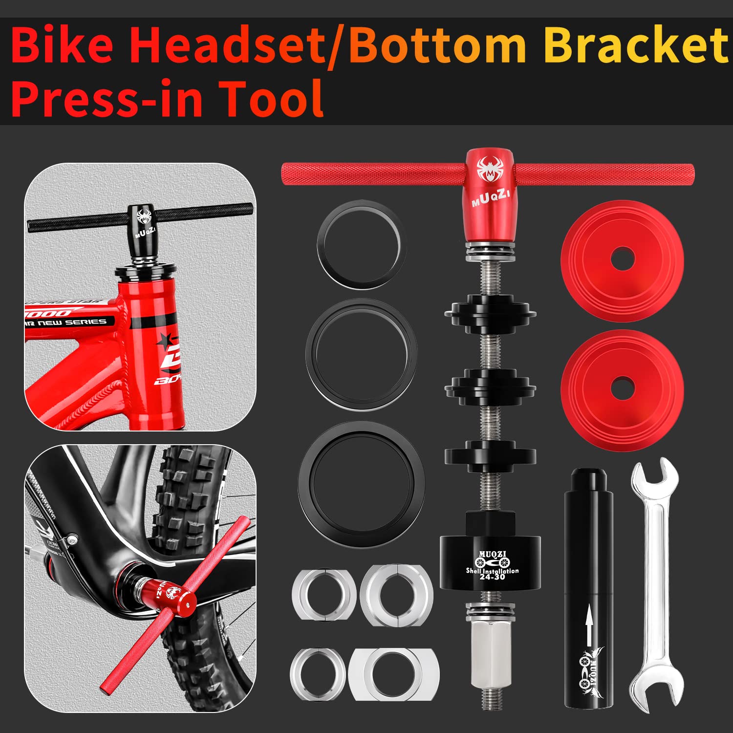 MUQZI Bike Bottom Bracket Bearing Installer & Remover Tool Kit - Compatible with BB86 BB30 BB92 PF30 - Professional MTB & Road Bike Headset Press Tool (Red) - Perfect for Bicycle Maintenance & Repair Shops