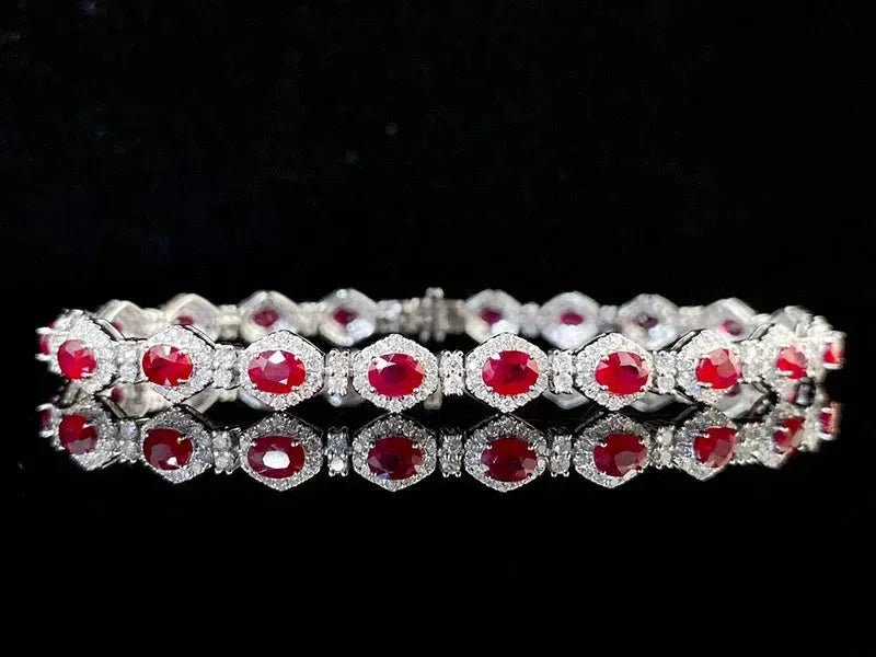 18K White Gold Bracelet with Real Natural Ruby & Shiny Diamonds - Elegant Luxury Jewelry for Women - Perfect for Senior Banquets, Weddings & Special Occasions