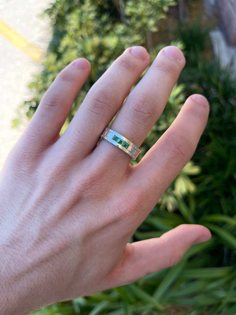0.60tcw Princess Cut Three Stone Bezel Set Sterling Silver Mens Wedding Band Ring - Handcrafted for Men, Perfect for Engagement, Anniversary & Special Occasions