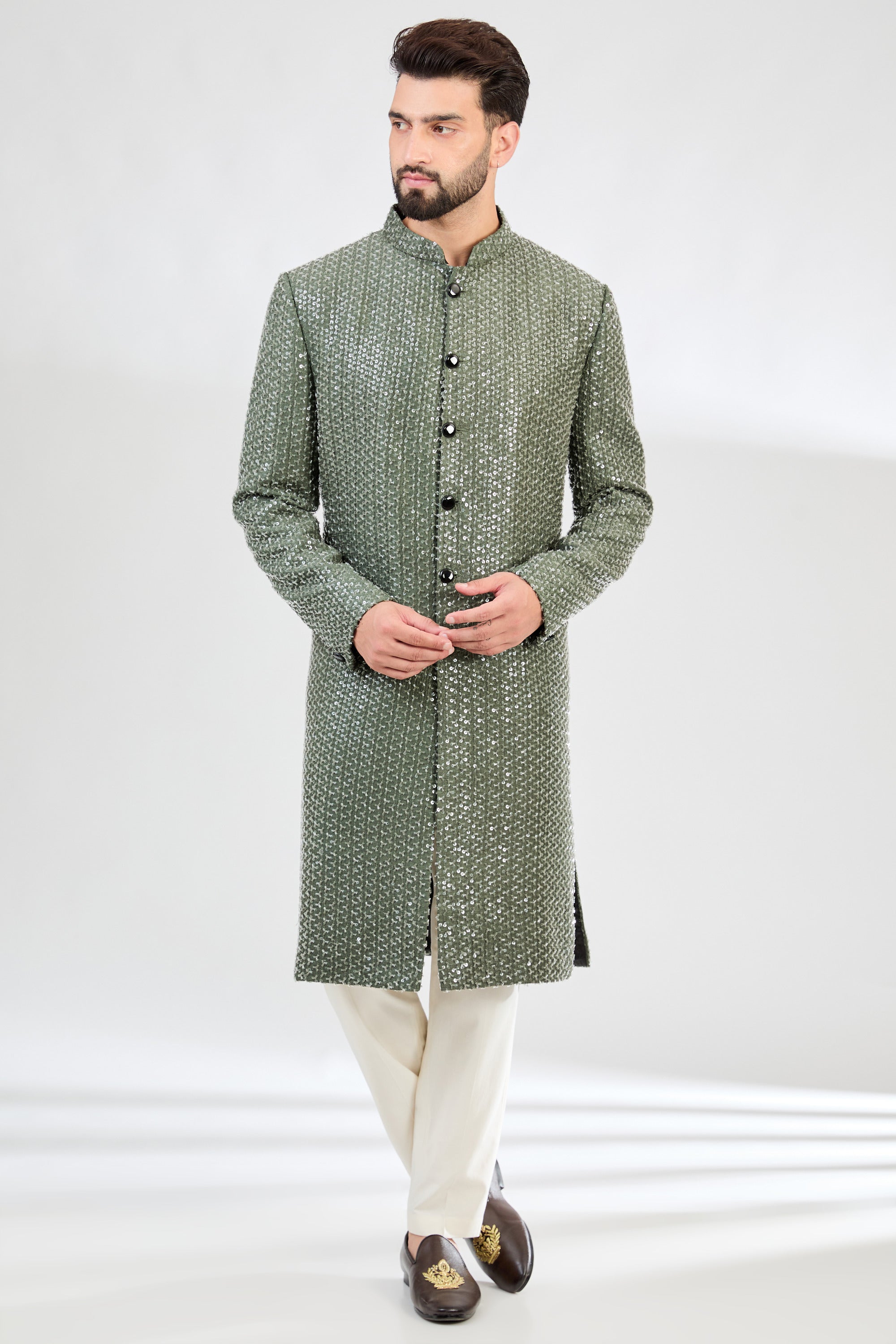 Stylish Military Green Sherwani with Exquisite Dana Embroidery - Perfect for Weddings, Festivals & Special Occasions