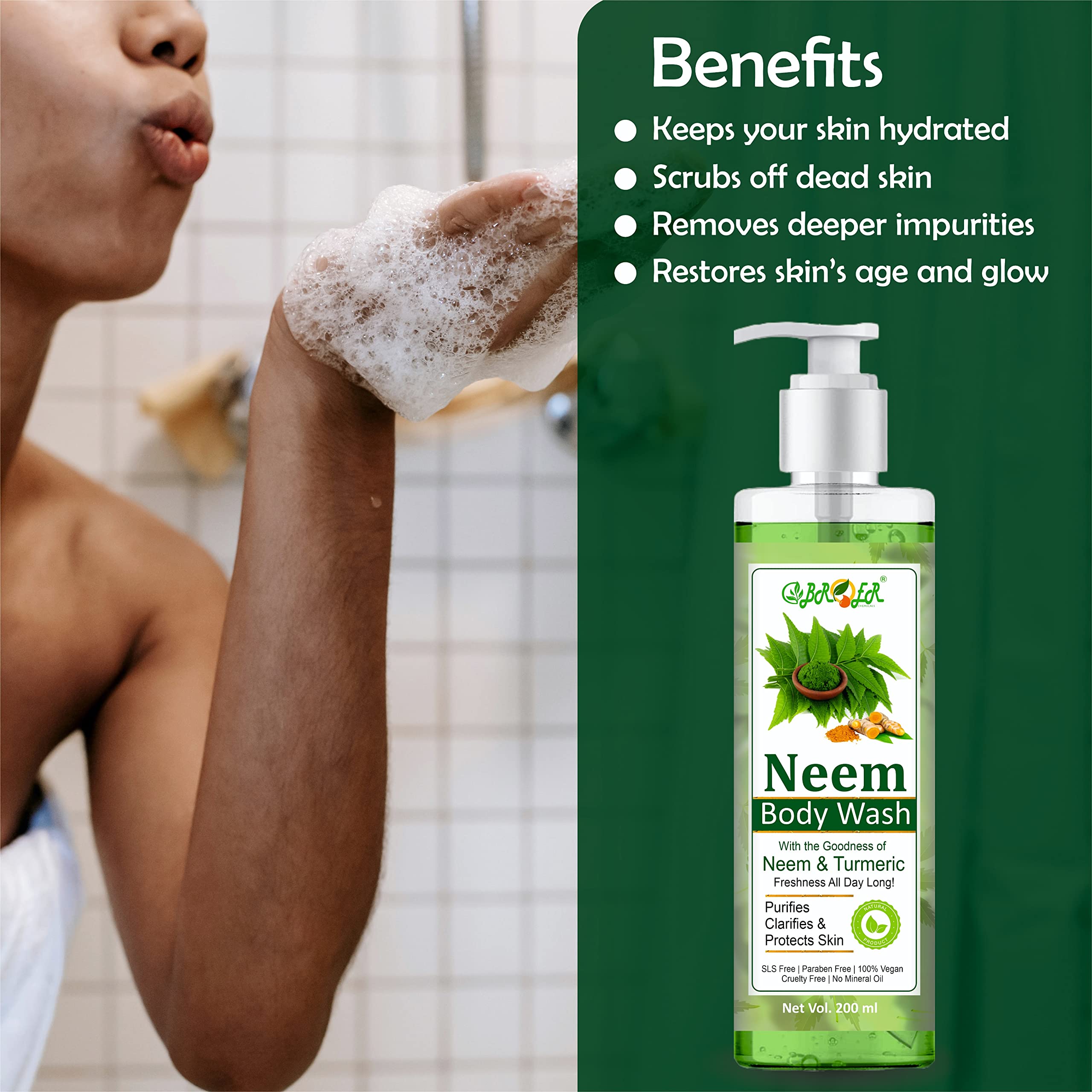 BROER Neem Face Wash 100ml & Neem Body Wash 200ml - Natural Neem & Turmeric Formula for All Skin Types | Sulfate-Free, Paraben-Free | Acne Treatment & Daily Skincare Routine
