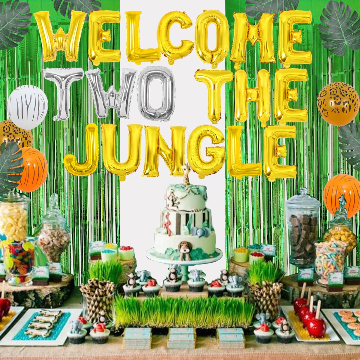 Jollyboom Safari Themed 2nd Birthday Decorations - Animal Balloons, Green Artificial Palm Leaves for Wild Jungle Party | Perfect for Kids' Birthday, Baby Shower & Safari Theme Events