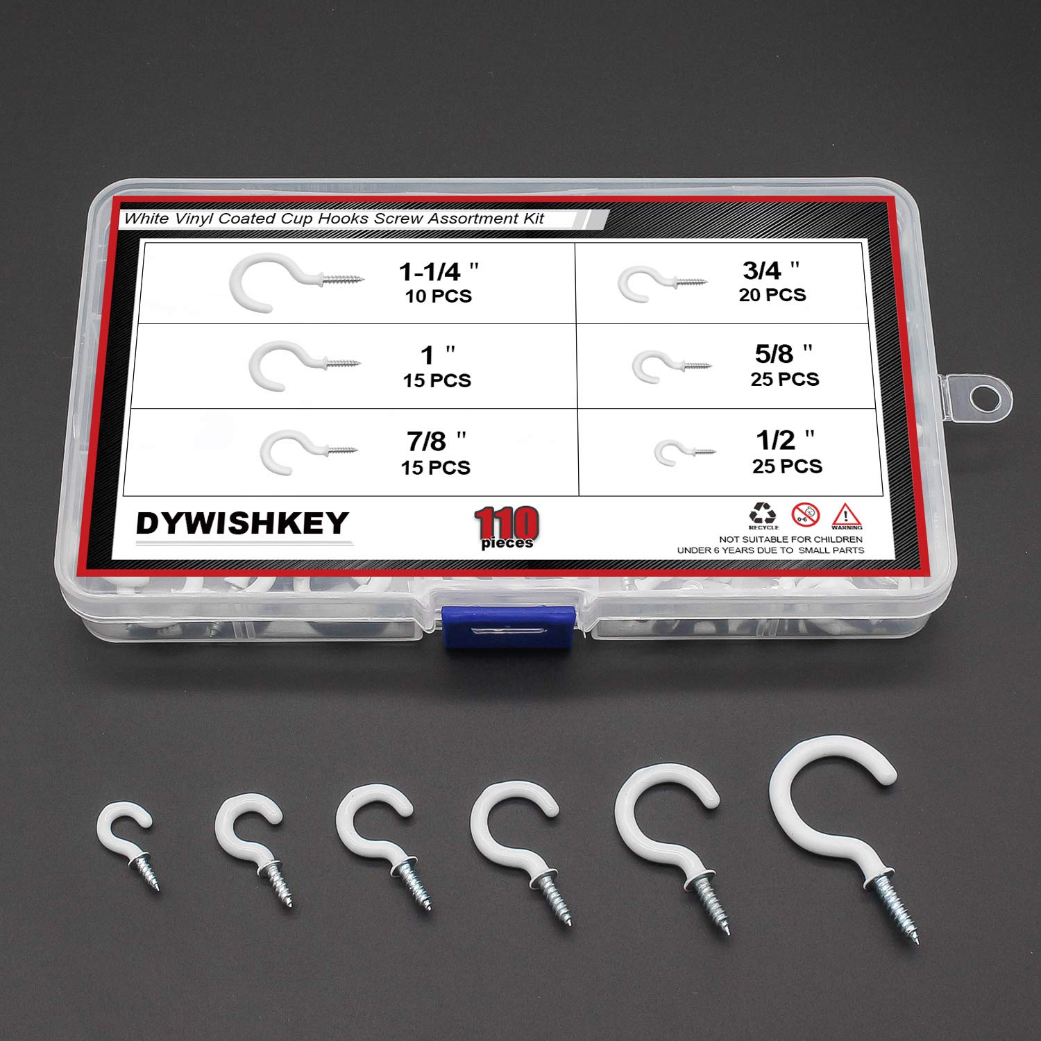 DYWISHKEY 110PCS Cup Screw Hooks Kit - 6 Sizes (1/2