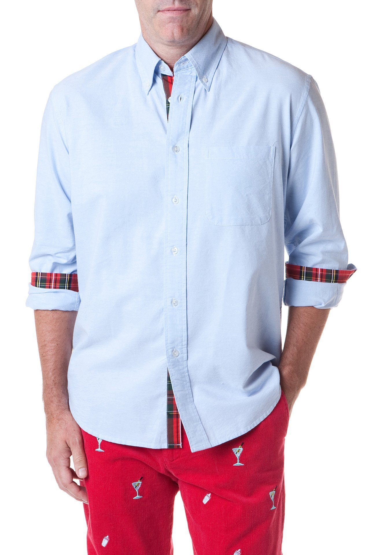 Royal Stewart Tartan Trim Blue Oxford Chase Shirt - Classic Men's Dress Shirt for Business, Office & Formal Occasions