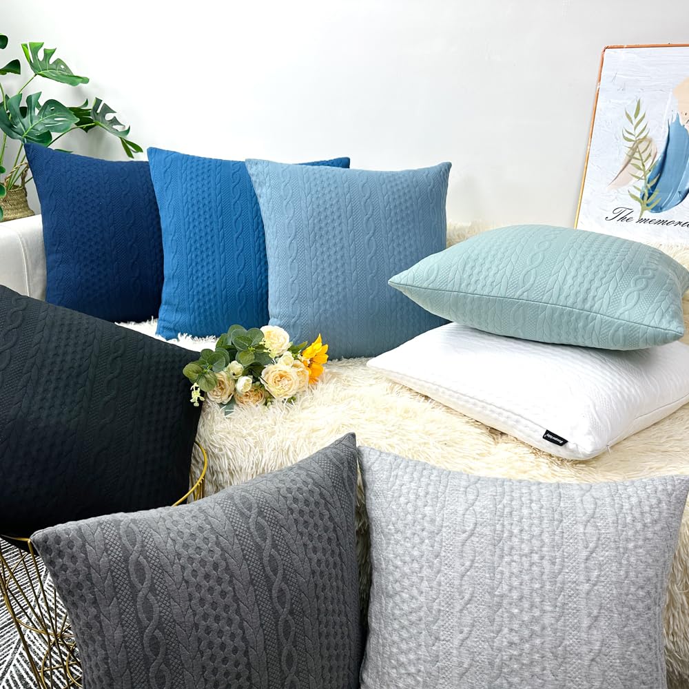 Booque Valley 20x20 Inch Throw Pillow Covers - Pack of 2 Super Soft Stretchy Cushion Covers with Elegant Modern Embossed Pattern in Light Blue & Grey Blue - Perfect for Sofa, Bed, Car & Chair Decor