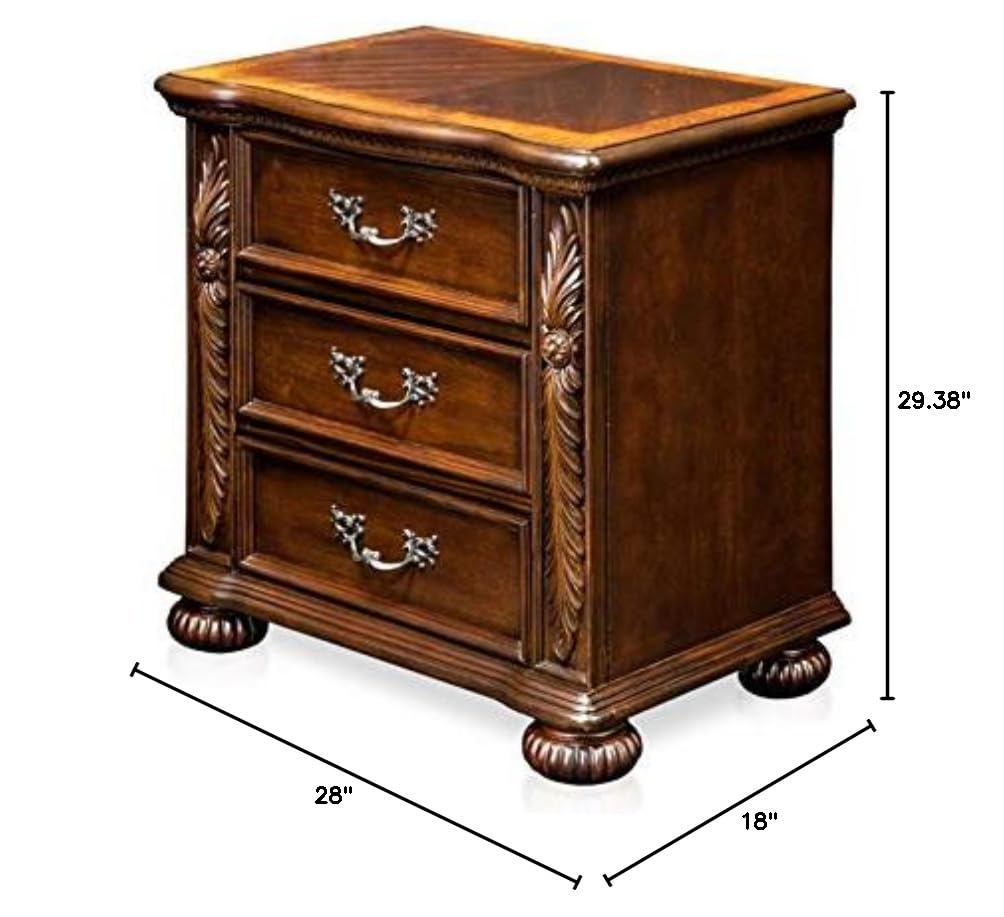 BOWERY HILL 3-Drawer Solid Wood Nightstand - Traditional Cherry Brown Bedside Table for Bedroom Furniture & Home Decor