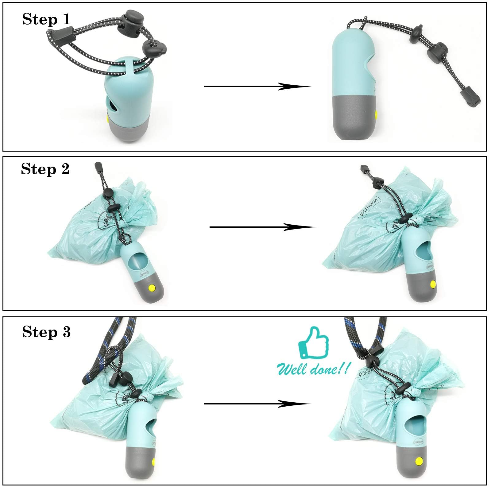 LED Flashlight Dog Poop Bags Holder - Leash Attachable Pet Waste Bag Dispenser with Leak-Proof Trash Bags (2 Holders + 30 Bags, Crystal Blue) - Perfect for Night Walks, Park Visits & Outdoor Adventures with Your Dog