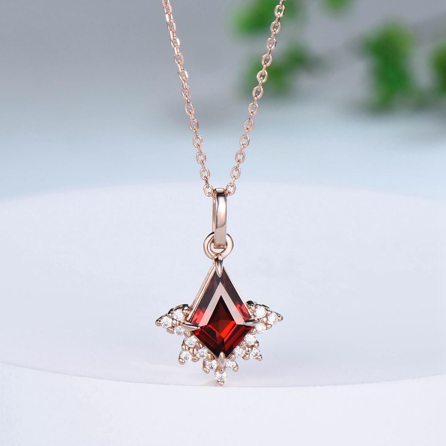 Art Deco Kite Cut Garnet Pendant Necklace - Vintage 14K/18K Rose Gold Diamond & Moissanite Jewelry - Elegant Promise & Engagement Gift for Women - Perfect for Anniversaries, Weddings & Special Occasions