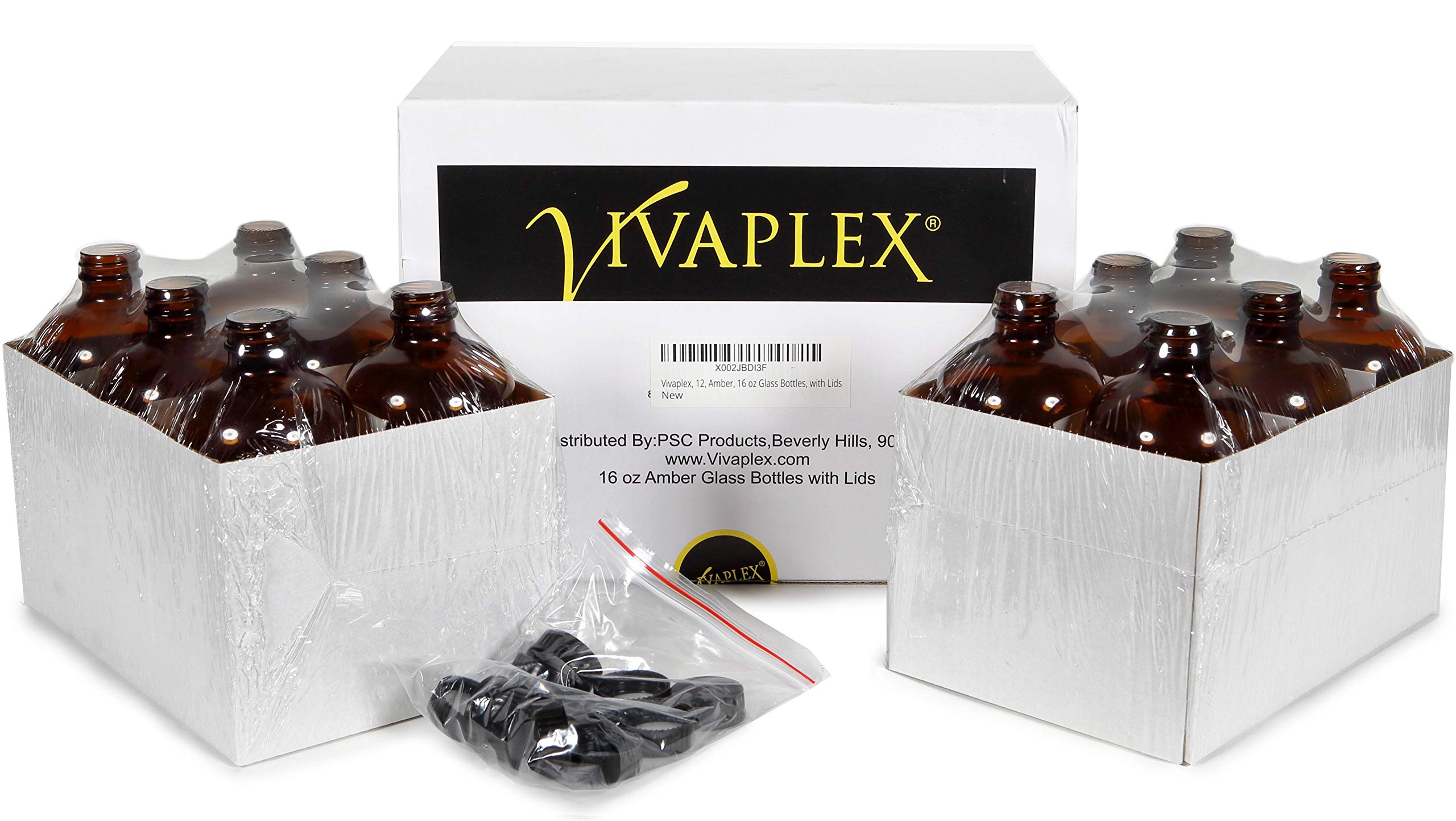 Vivaplex 12-Pack 16 oz Amber Glass Bottles with Airtight Lids - Perfect for Essential Oils, Homemade Beauty Products & DIY Storage Solutions