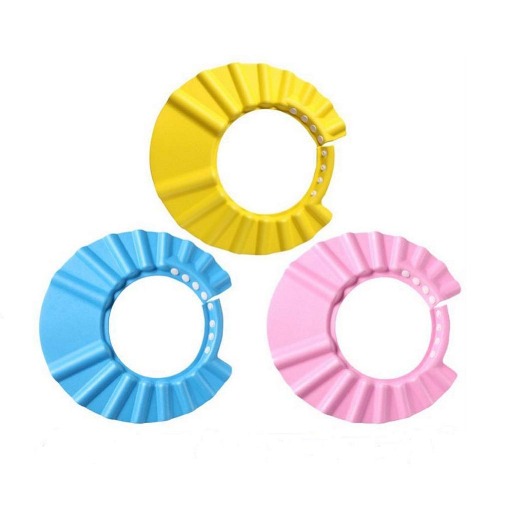 3-Piece Soft Adjustable Baby Bath Cap Set (Pink, Blue, Yellow) - Safe Toddler Shampoo & Shower Hat with Storage Bag (18