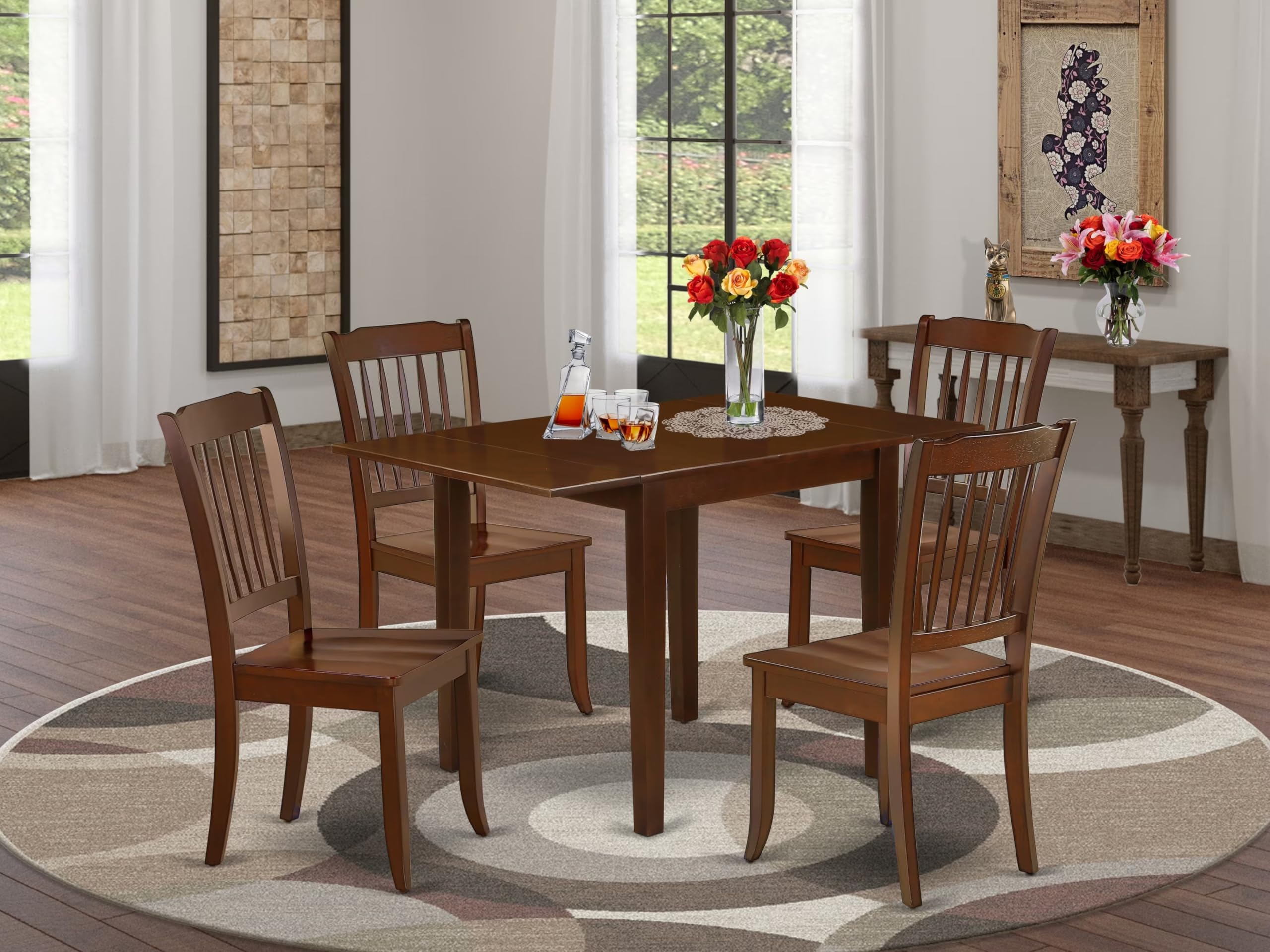 East West Furniture 5-Piece Mahogany Dining Set with Drop-Leaf Table & 4 Chairs - 30x48 Inch Rectangle Kitchen Table for Small Spaces | Perfect for Breakfast Nooks, Apartments & Cozy Dining Areas