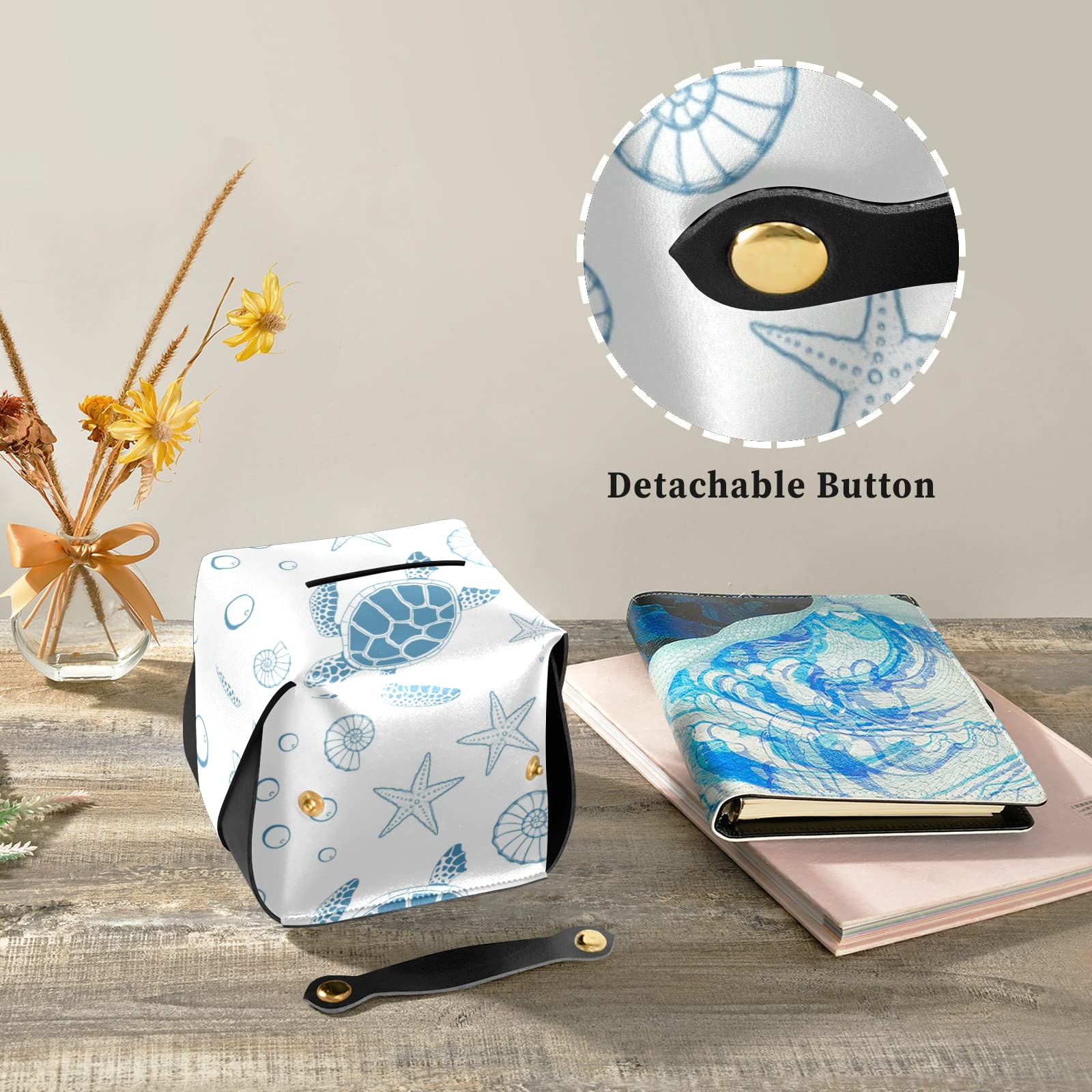 Blue Sea Turtle Starfish Ocean-Themed Leather Tissue Box Cover with Handle - Waterproof Bathroom Vanity Decor for Home, Office, Car (5.7x5.7x5.7 in) | Perfect for Coastal Beach House Decor & Nautical Gift Ideas