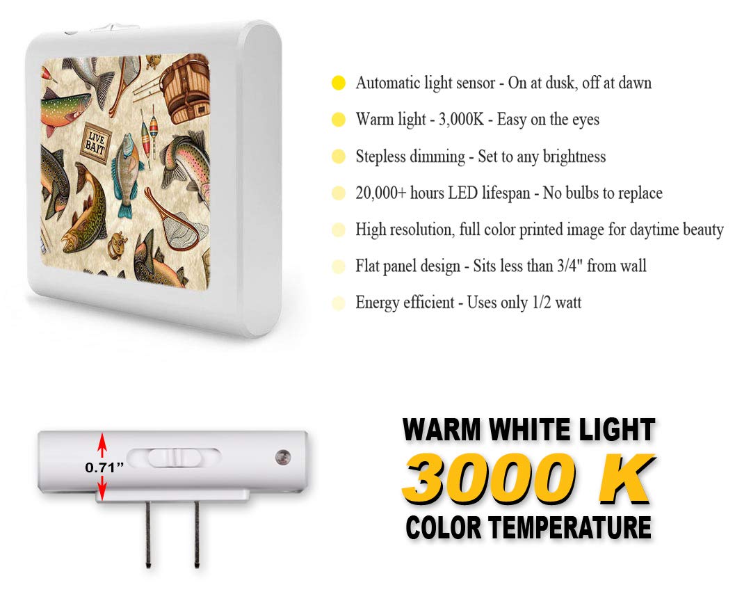 Dimmable LED Night Light with Auto On/Off Sensor - Adjustable Brightness Warm White for Bathroom, Hallway, Nursery & Bedroom - Perfect for Nighttime Safety & Comfort - Gone Fishing Design by Dan Morris