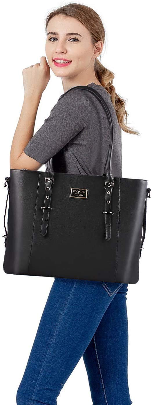 MOSISO Women's 13-13.3 Inch Waterproof PU Leather Laptop Tote Bag - Large Capacity Business Work Briefcase Shoulder Bag (Black) for Office, Travel & Daily Commute