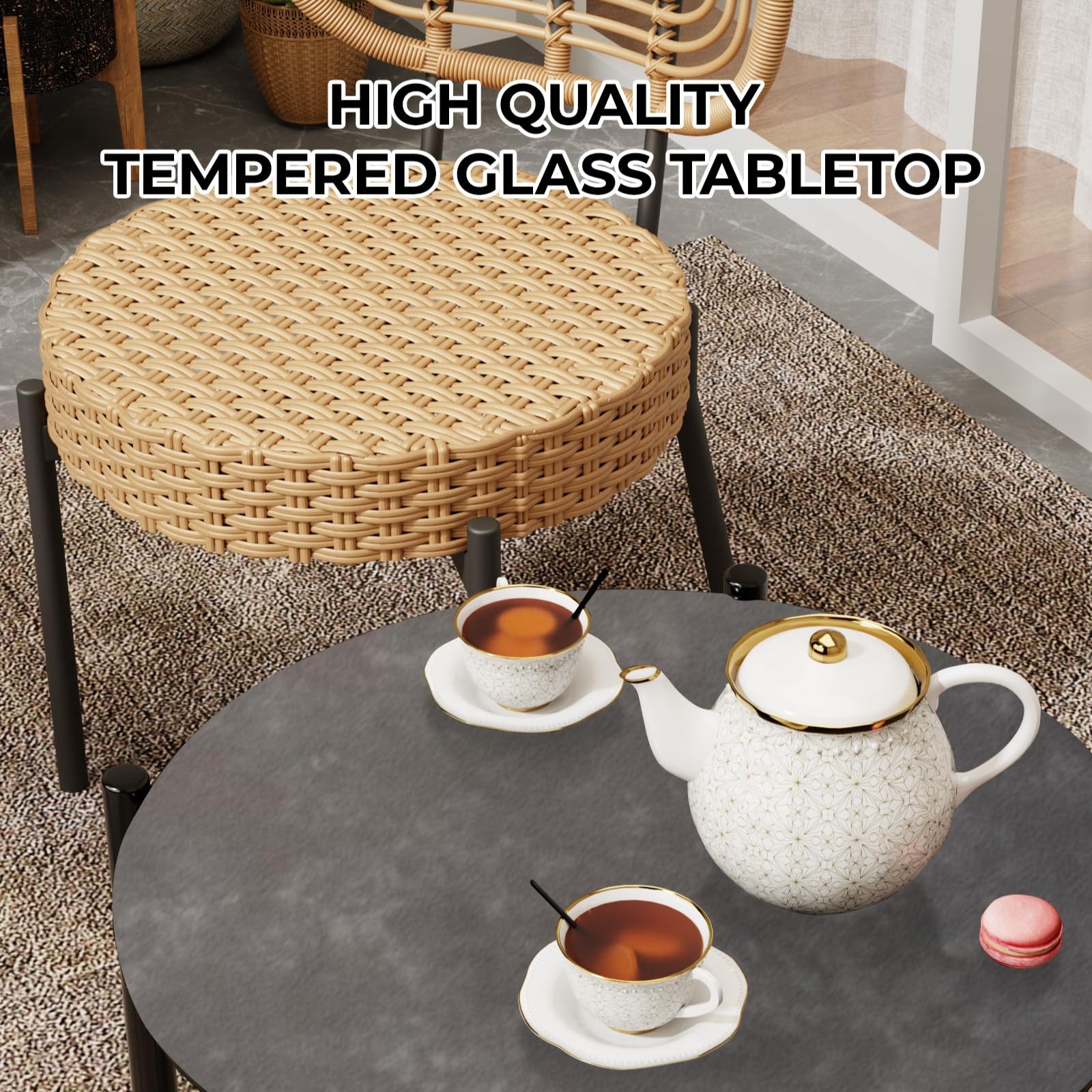 GARVEE 3-Piece Patio Bistro Set - Outdoor Wicker Chairs with Glass Table - Rattan Furniture for Patio, Deck, Backyard, Garden - Black & Brown - Perfect for Relaxing, Dining & Entertaining Outdoors
