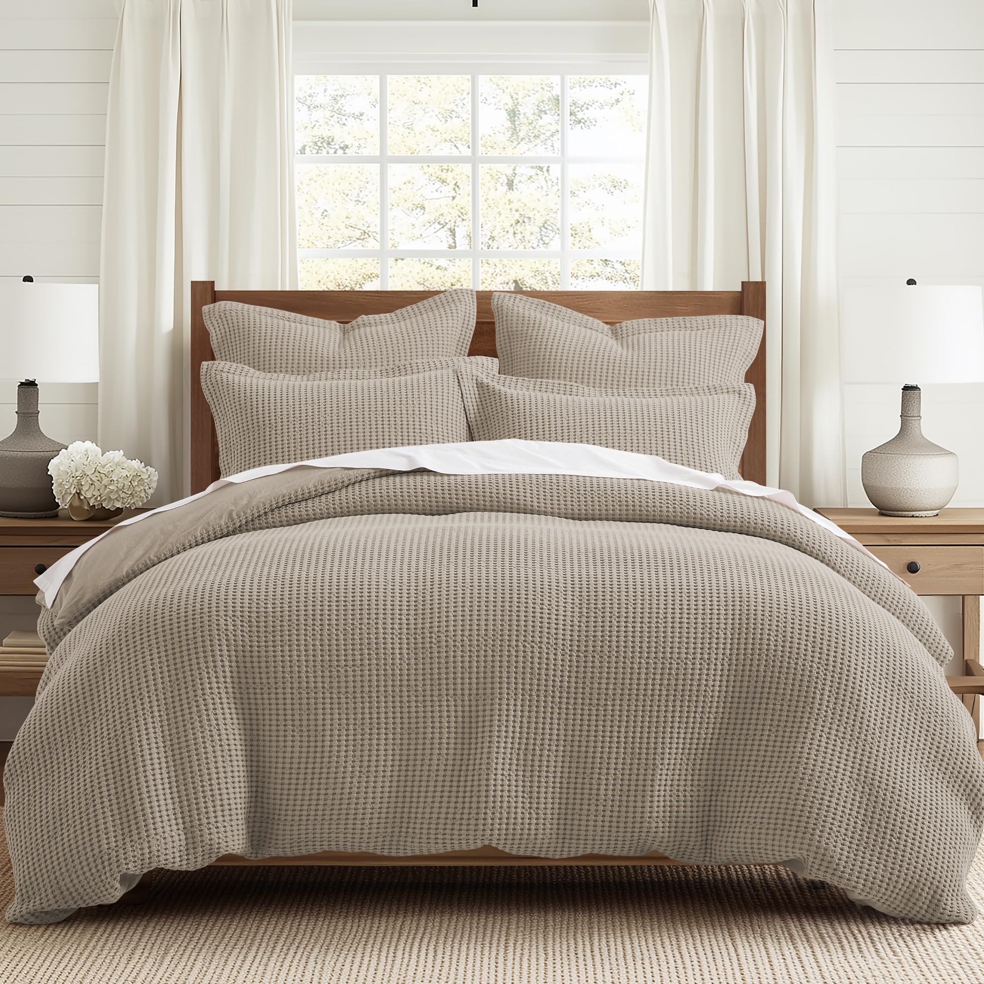 Levtex Home Mills Waffle Beige Fawn Duvet Cover Set - Full/Queen Size (90