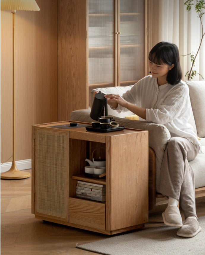 Solid Oak and Ash Wood Tea Maker Mobile Side Cabinet - Portable Side Table for Living Room, Bedroom, or Office