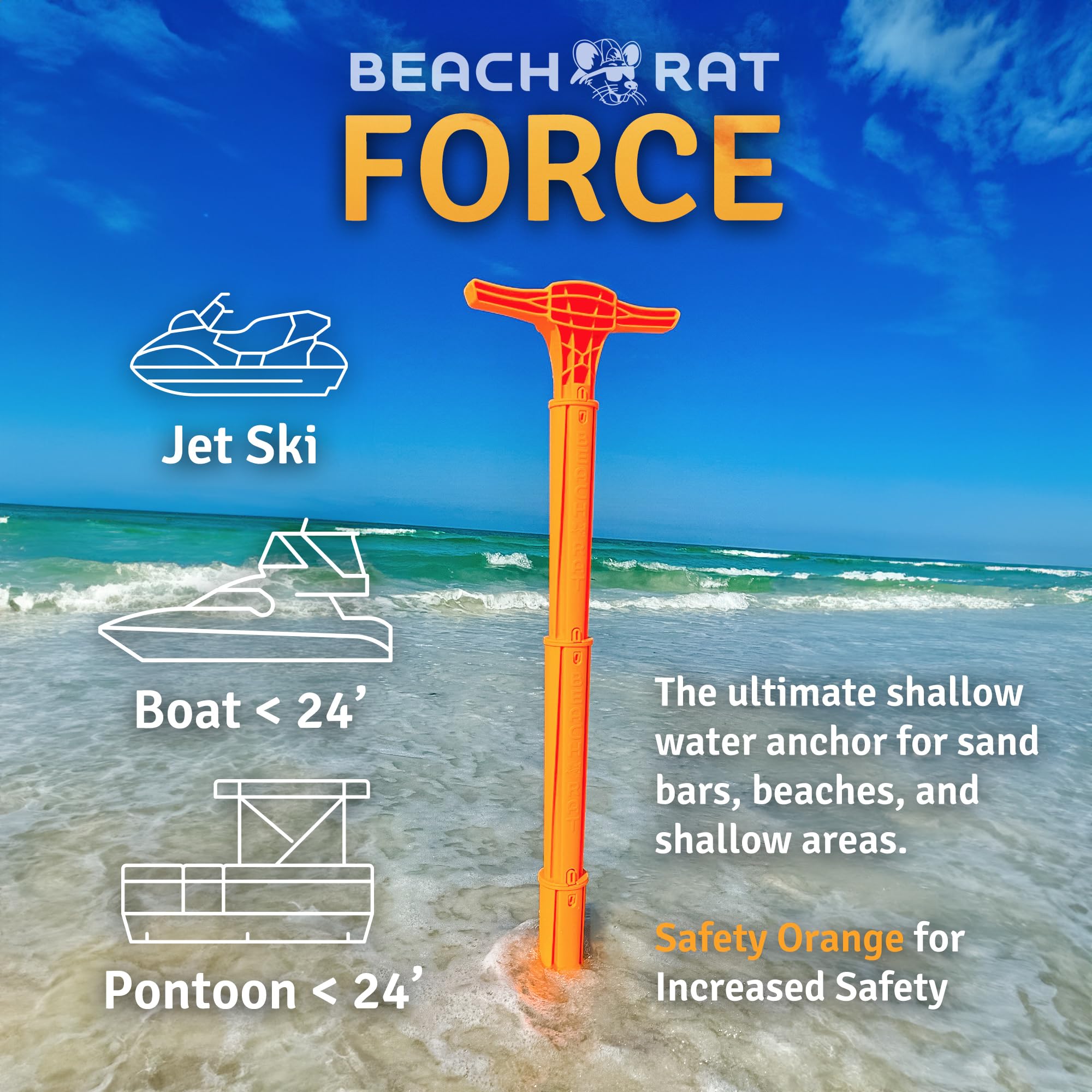 Beach Rat Force Anchor & Storage Bag - 4ft Heavy Duty Jet Ski, Boat & Kayak Anchor for Shallow Water & Sandbars - Compact High Strength Plastic Pole Marine Accessory - Sand Bar Anchor Kit with Carrying Case - Perfect for Jet Skiing, Boating & Kayaking Adventures