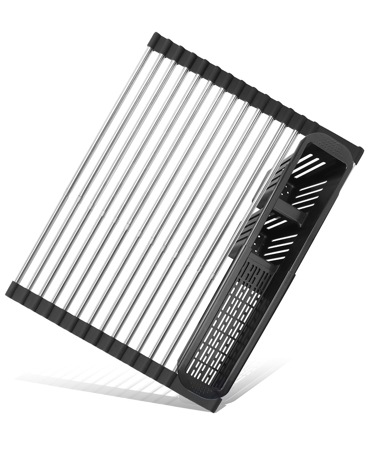Expandable Stainless Steel Roll Up Dish Drying Rack - Over The Sink Dish Drainer with Utensil Holder (22.3 Inch, Black) | Space Saving Kitchen Organizer for Small Spaces & Apartment Living