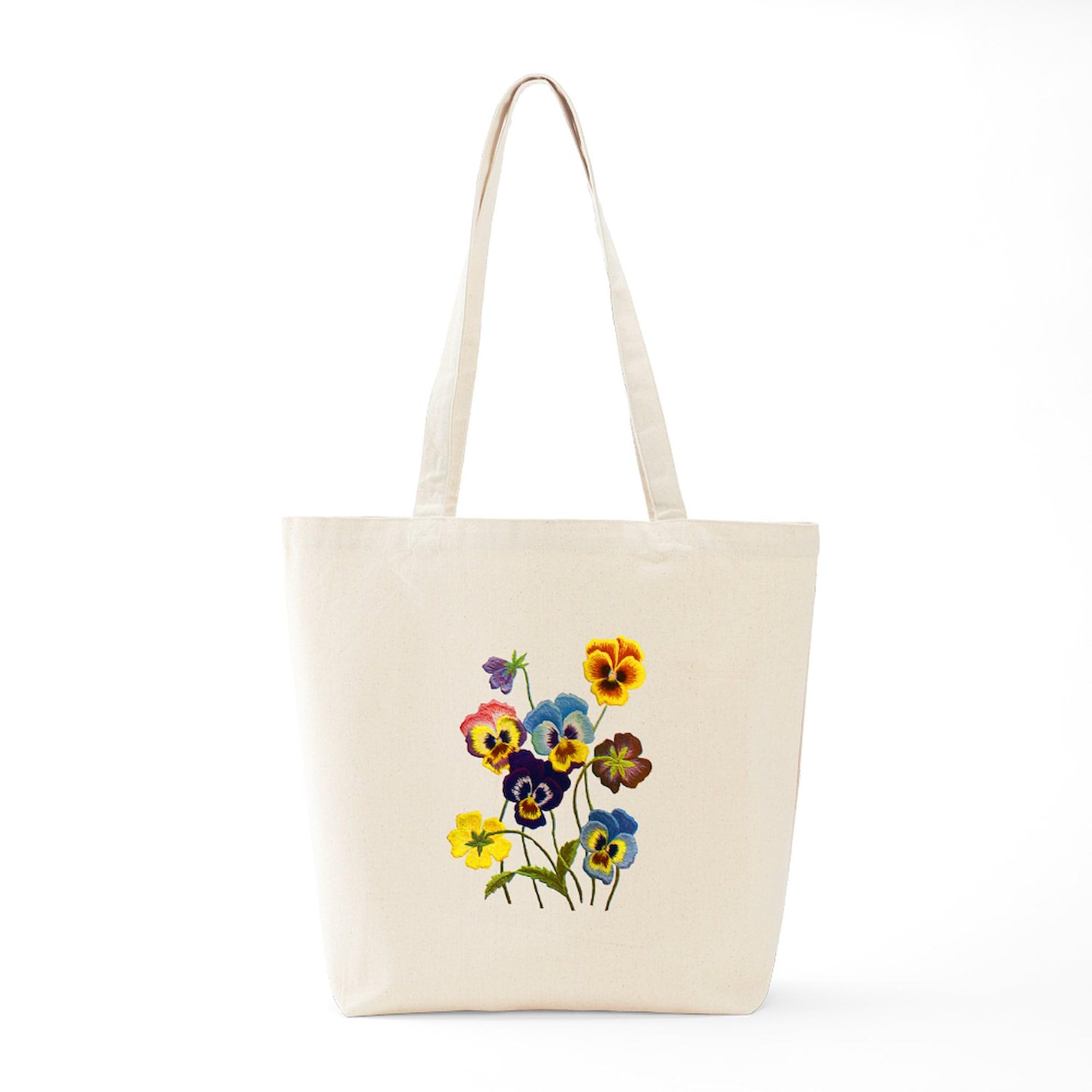 Colorful Embroidered Pansies Tote Bag - Natural Canvas Reusable Shopping Bag for Women, Grocery, Beach & Everyday Use