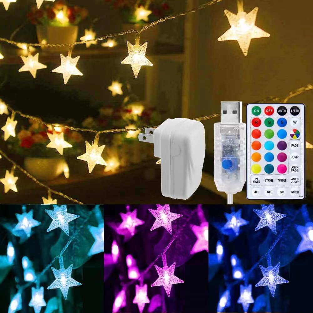 Minetom 33ft RGB Color Changing Star String Lights with Remote & Timer - Plug-in Fairy Lights for Bedroom, Tent, Loft, Window, Backyard, Patio, Porch, Balcony | Perfect for Parties, Weddings & Home Decor