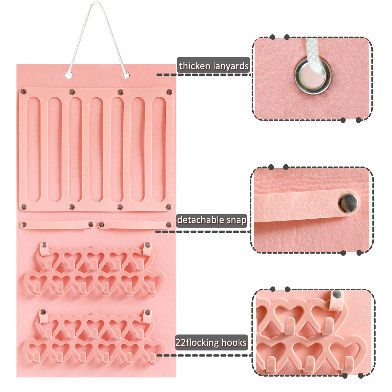 Pink Felt Wall Hanging Jewelry Organizer with Detachable Hooks - Display Board for Earrings, Necklaces, Hair Clips & Headbands - Space Saving Girls Bedroom Decor for Dorm, Bathroom & Closet Organization