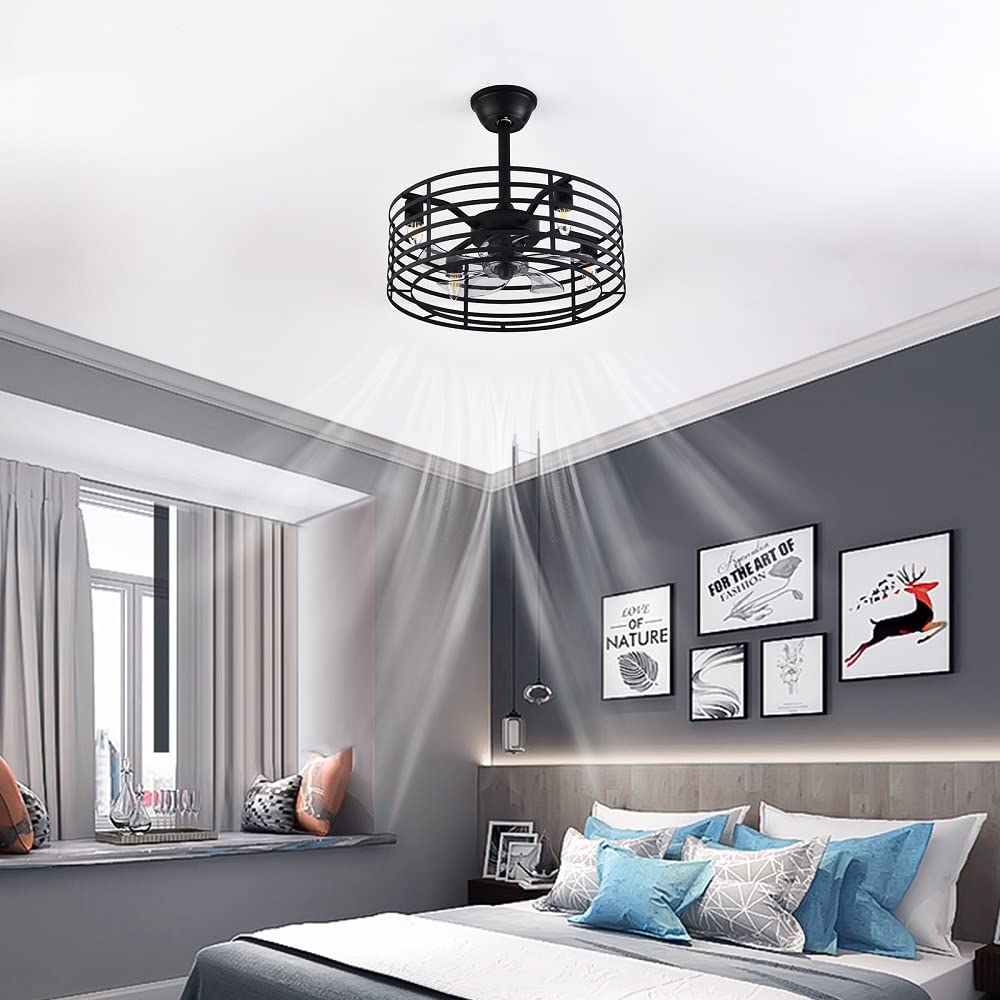 OUKANING 20 Inch Caged Enclosed Ceiling Fan with Light - 3 Speed Adjustable, Low Profile Industrial Fandelier with Remote Control - E26/E27 Bulb Compatible - Perfect for Living Room, Bedroom, Kitchen, Office & Patio - Modern Farmhouse & Industrial Style Home Decor