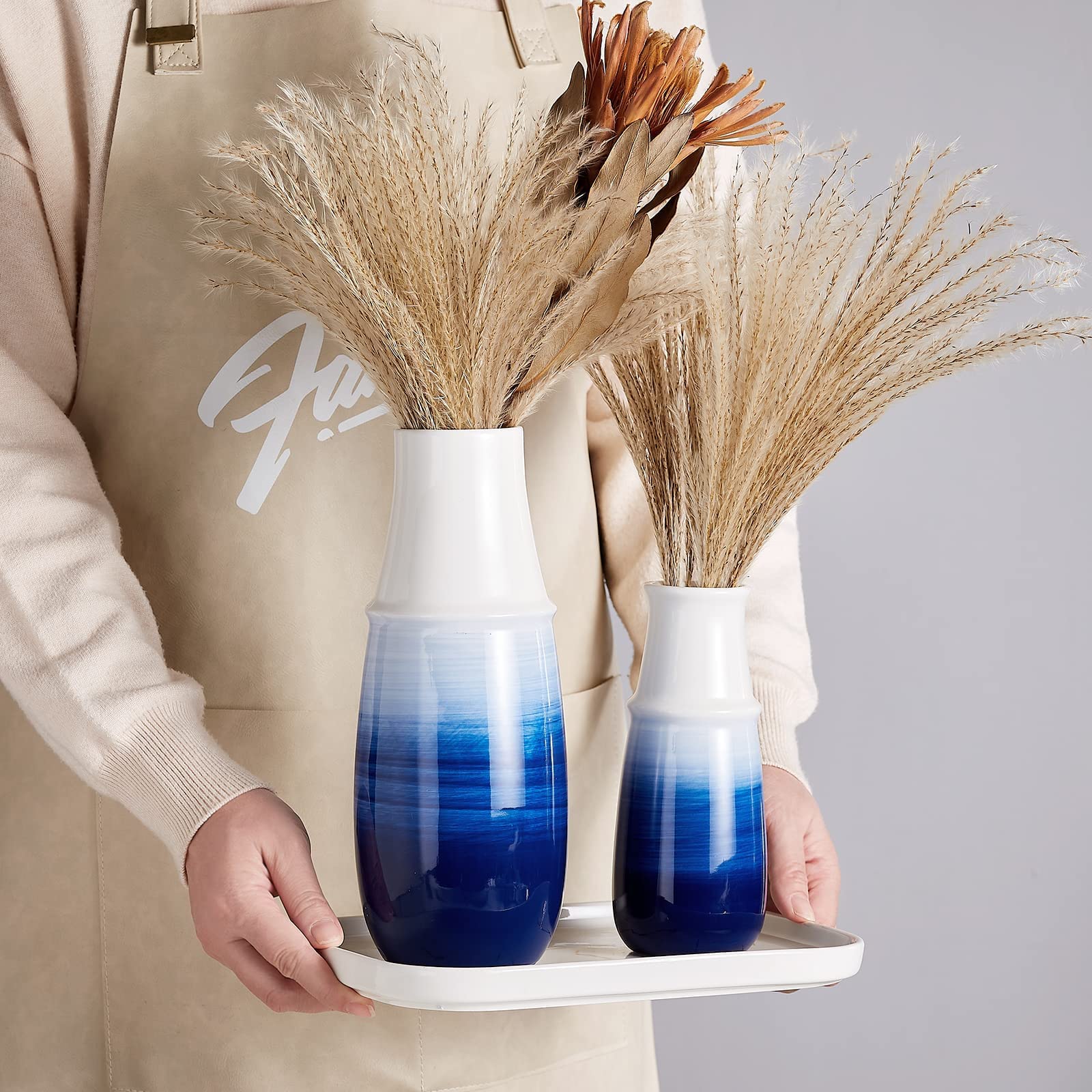 2-Piece Ceramic Vase Set & 4-Piece Bathroom Accessories - Rustic Farmhouse Decor for Bathroom, Living Room, Bedroom - Blue Home Décor for Modern & Traditional Interiors