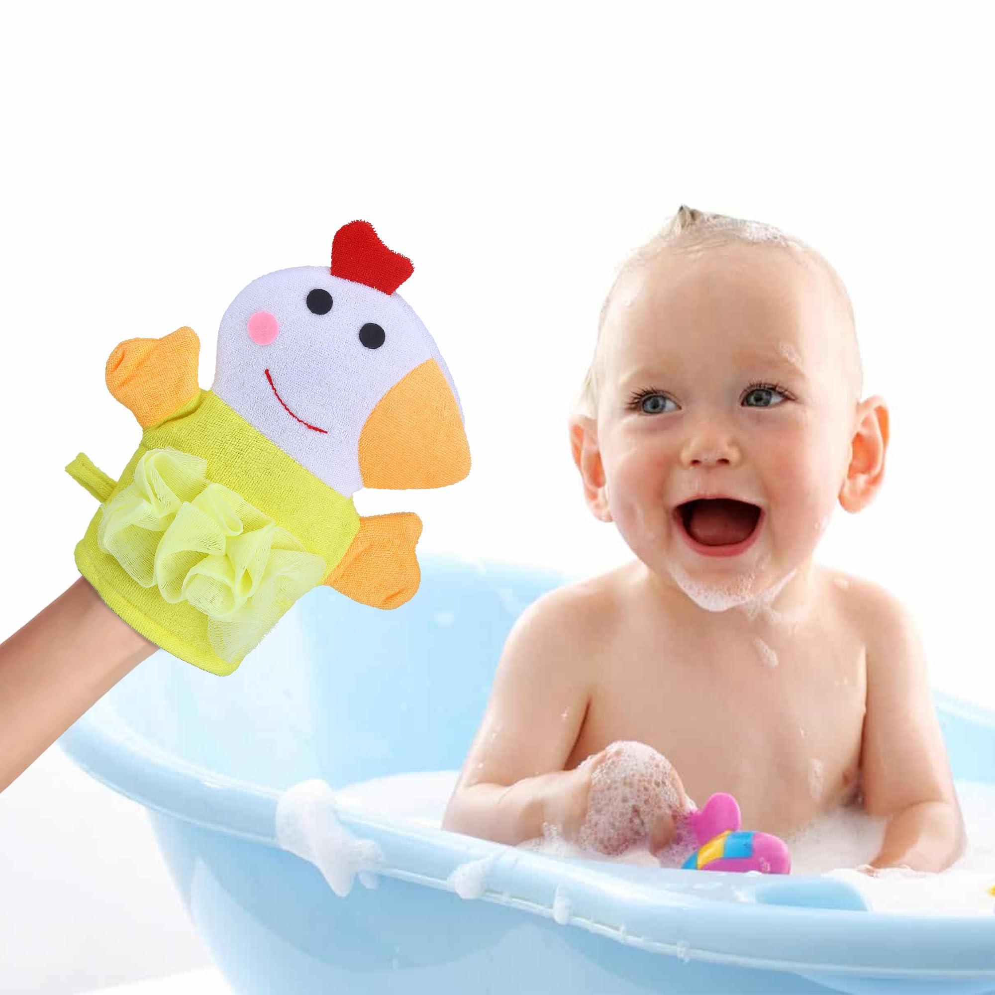 BabyMoo Sweet Hen Yellow Cute Hand Puppet Bath Wash Gloves & Washcloth Mitt for Kids, Toddlers & Infants - Soft Terry Cloth Body Scrubber for Mommy & Baby Boy/Girl - Fun Bath Time Toy for Sensory Play & Baby Skin Care