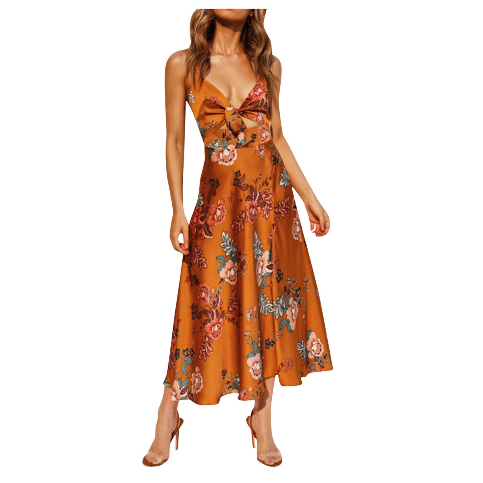 Floral Maxi Dress for Women - Elegant V-Neck Long Party Dress with Spaghetti Straps & Bow Detail | Perfect for Summer Weddings, Beach Vacations & Formal Events