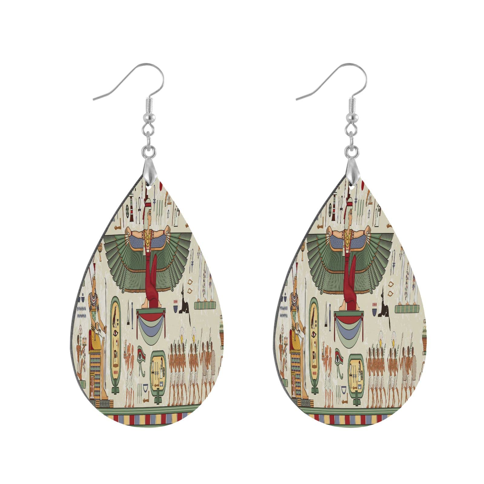 Ancient Egyptian Hieroglyphic Teardrop Dangle Earrings - Lightweight Wooden Drop Earrings for Women & Girls | Statement Jewelry Gift for Her | Perfect for Boho Fashion, Cultural Events & Special Occasions