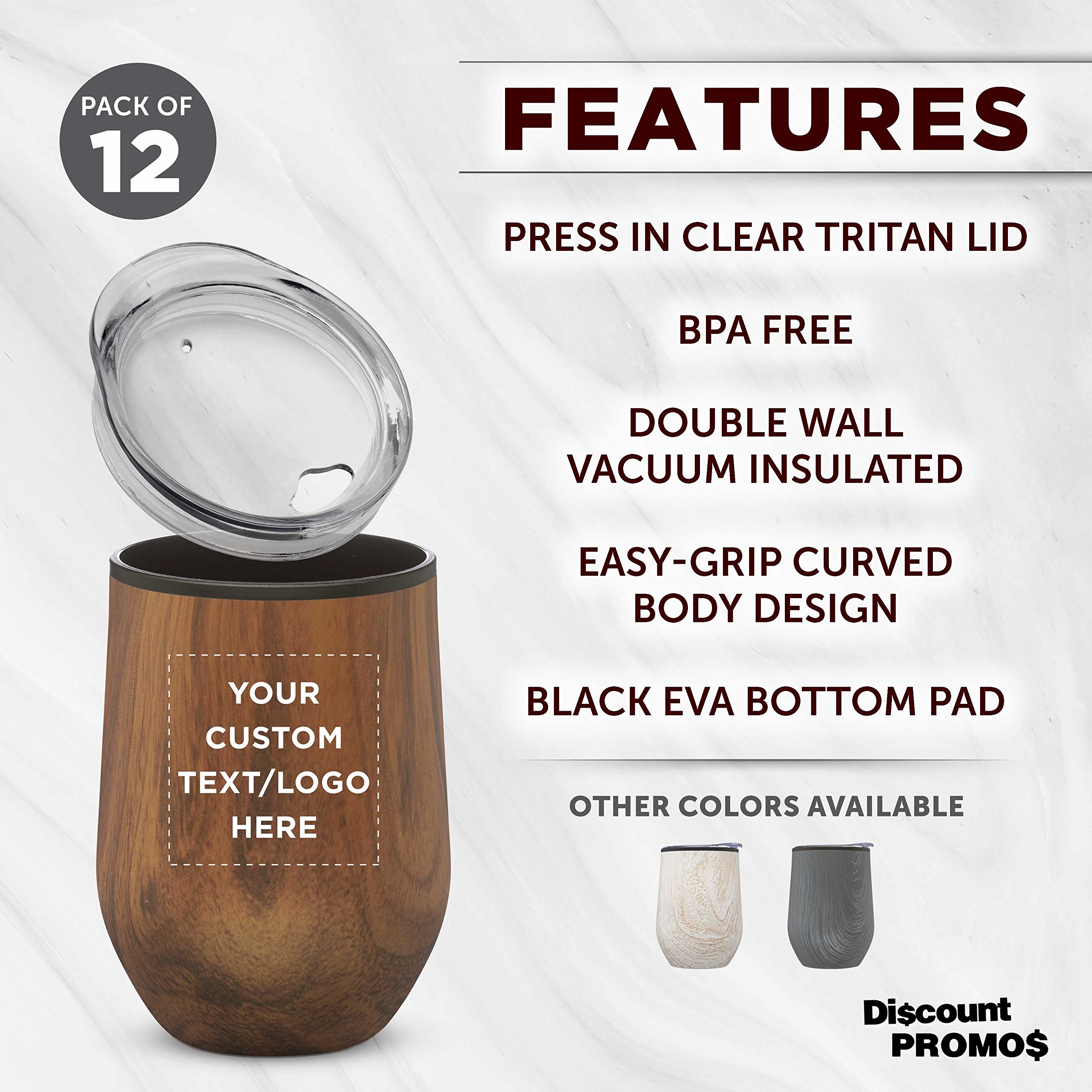 12-Pack Personalized Palmera Stemless Wine Tumblers with Lids - 12oz Insulated Glasses for Wine, Cocktails & Beverages | Custom Wood Design for Parties, Weddings & Home Entertaining