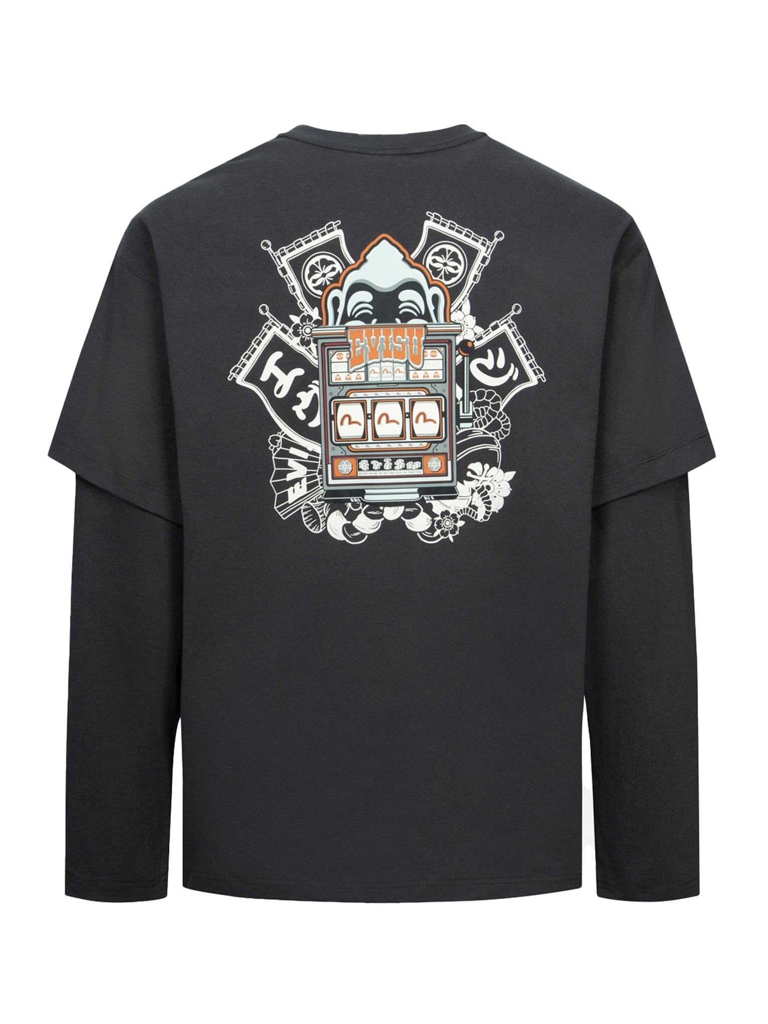 Godhead Slot Machine Print Loose Fit Long Sleeve T-Shirt | Vintage Casino Graphic Tee for Men & Women | Perfect for Casual Wear, Gaming Events & Retro Parties