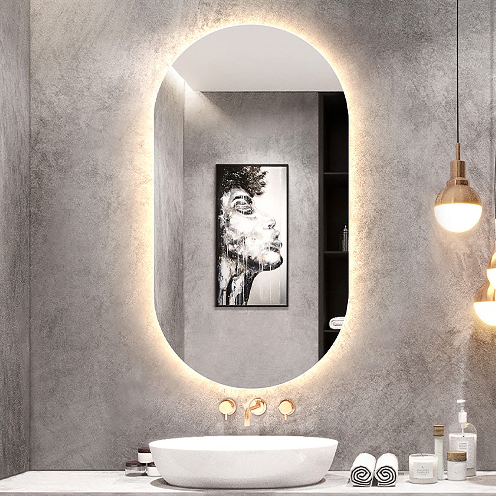 DRSM 24x40 Inch LED Backlit Wall Mounted Bathroom Mirror with Warm Lighting - Oval Vanity Mirror for Makeup, Hallway & Bathroom Decor (60x100cm) - Perfect for Modern Home, Spa & Dressing Room