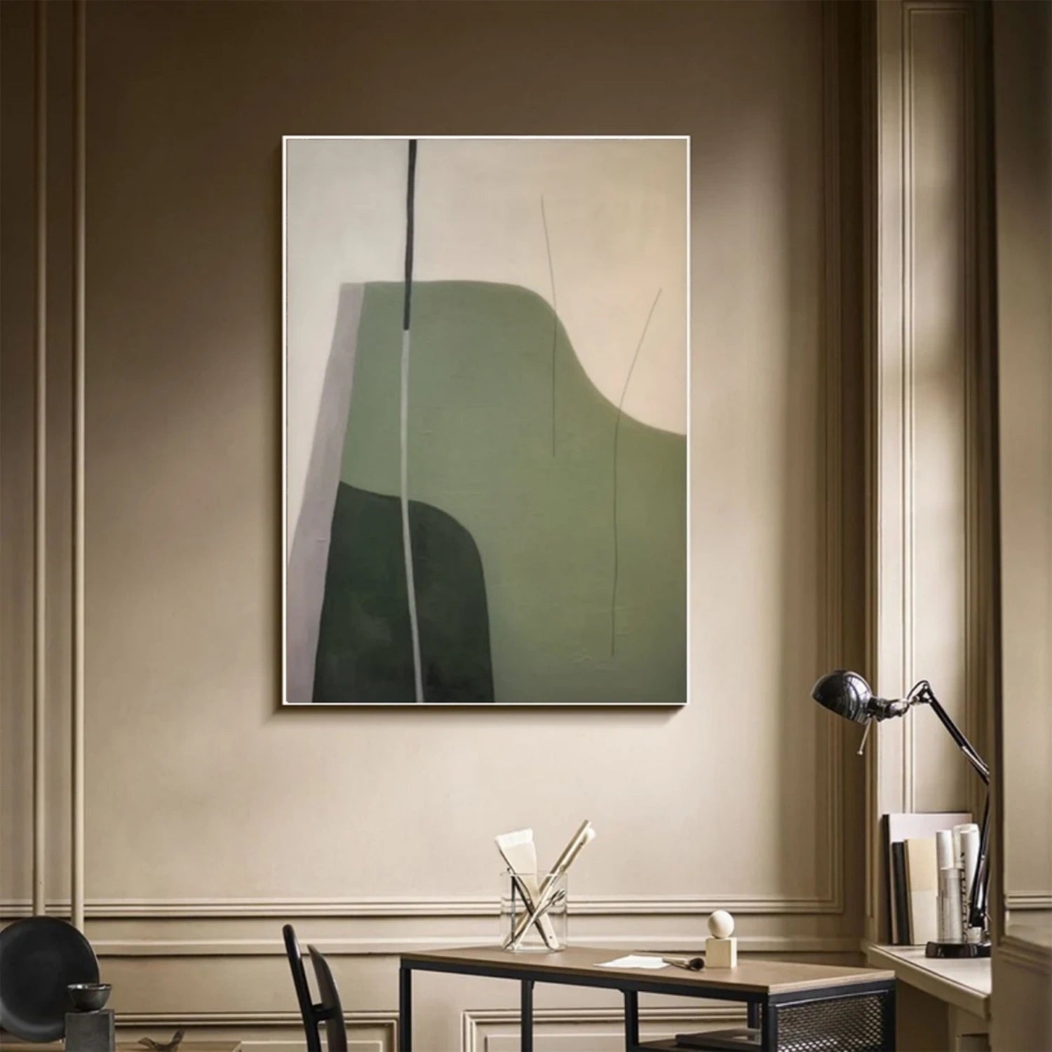 Abstract Wall Art #BG119 - Beige & Green Modern Canvas Painting for Living Room, Bedroom & Office Decor