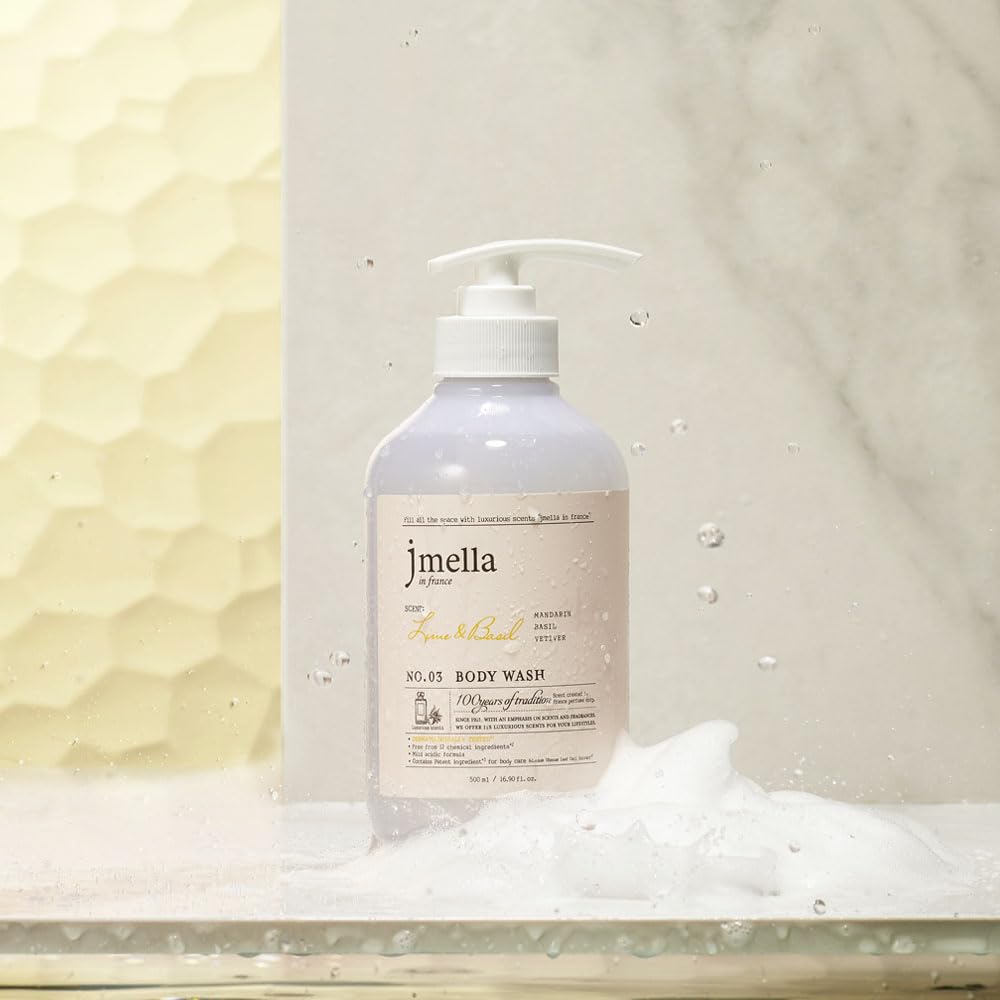 JMella France Lime & Basil Body Wash - 33.8 Fl Oz | Paraben-Free, Chemical-Free Formula with Strawberry Leaf Extract & 17 Amino Acid Complex | Luxury French Fragrance for Sensitive Skin | Perfect for Daily Shower & Spa Relaxation