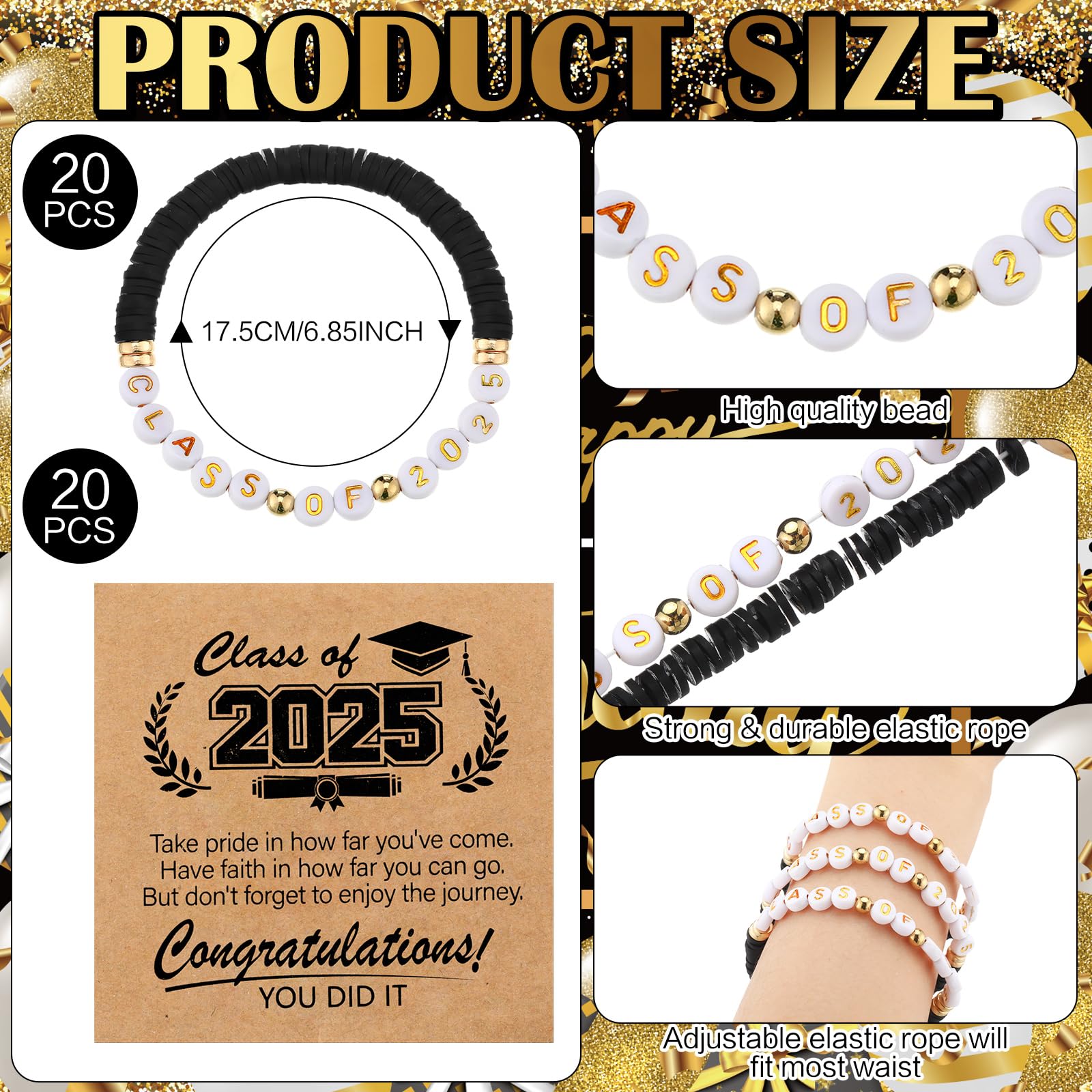 20 Pack Black Class of 2025 Graduation Bracelets - Bulk Prom Gifts for Seniors, College Graduation Party Favors, Senior Night Souvenirs with 20 Matching Congratulations Cards - Perfect for High School & College Graduation Celebrations