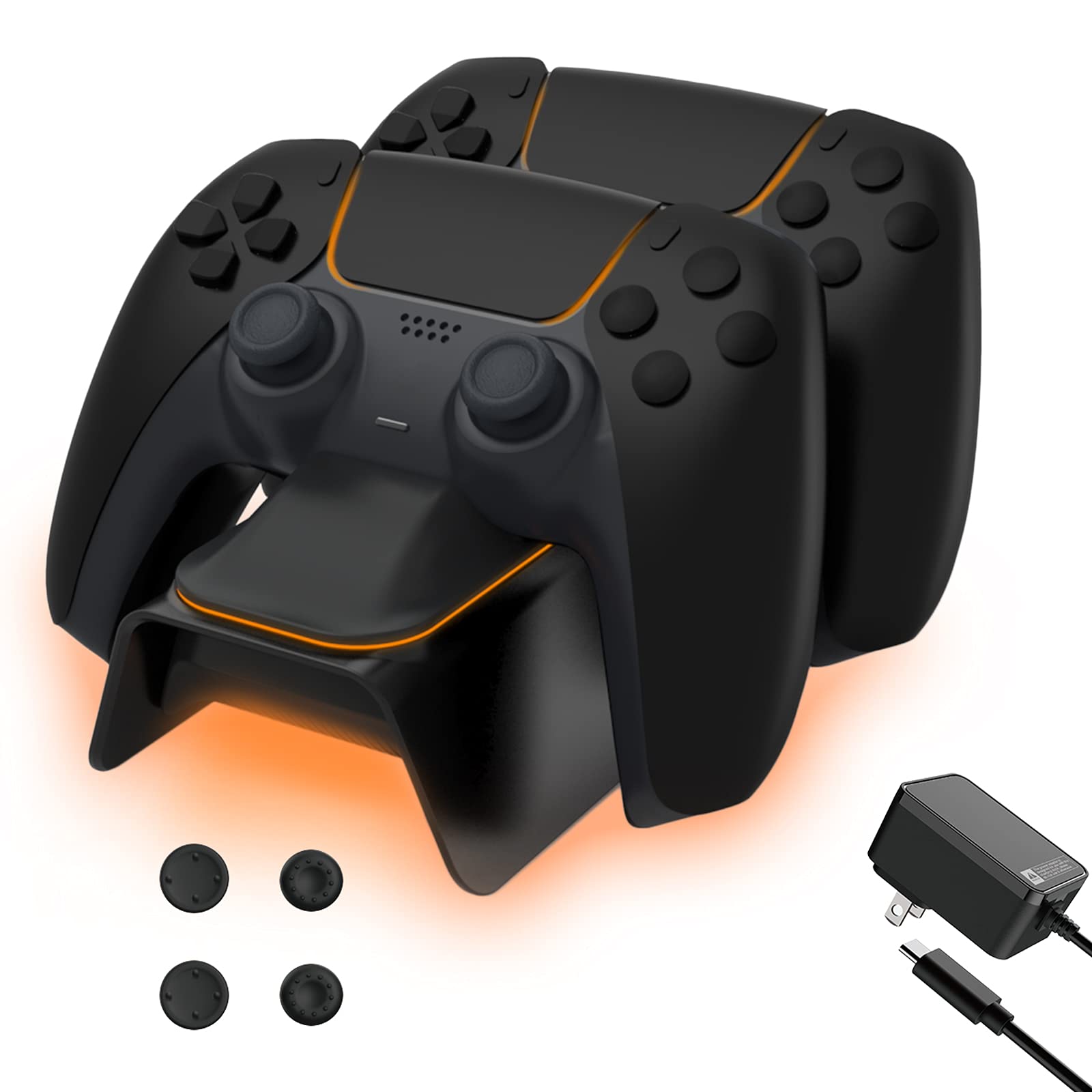 NexiGo Fast Charging Station Dock for PS5 Controllers with LED Indicator & Thumb Grip Kit - DualSense Charger Stand for Playstation 5 with AC Adapter (Black) - Perfect for Gaming Sessions & Multiplayer Setup