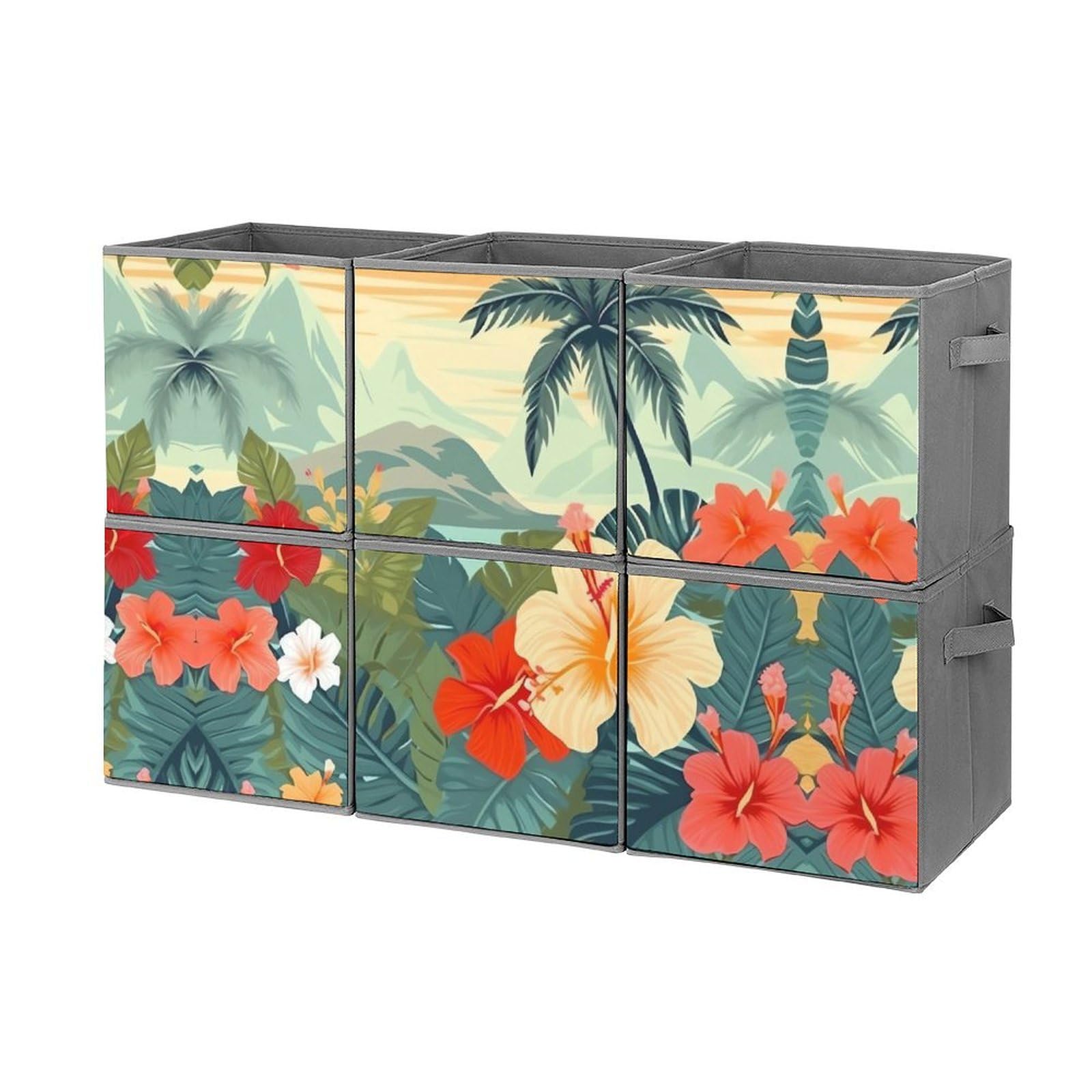 6-Pack Collapsible Storage Baskets with Handles - Summer Hawaiian Pattern Foldable Storage Bins for Closet, Laundry & Home Organization - Large Fabric Storage Cubes for Clothes, Toys & Household Items