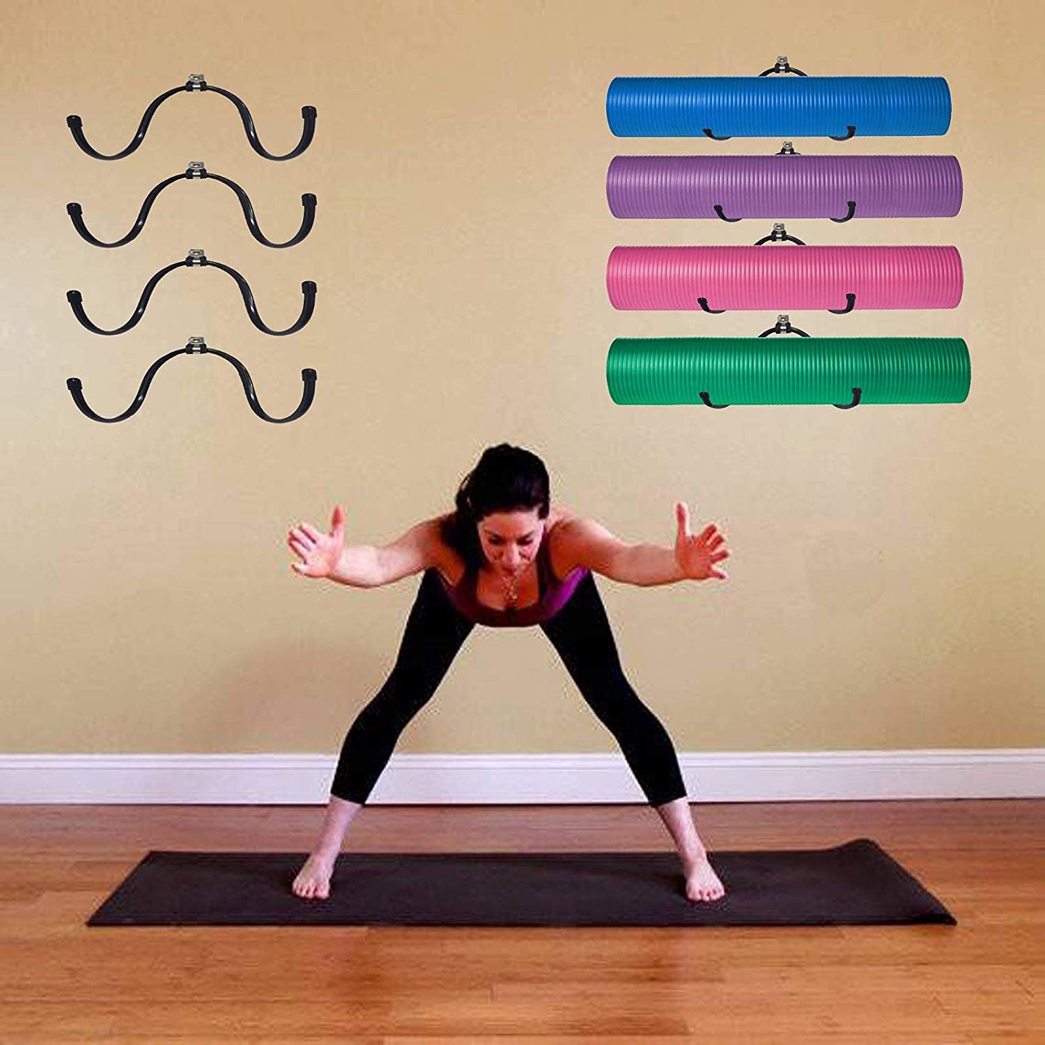 Wall Mount Yoga Mat Holder with Foam Roller & Towel Rack Hooks - Adjustable Exercise Mat Storage Shelf for Yoga Straps & Resistance Bands - Perfect for Home Gym & Fitness Class Organization (2 Pack, Holds Up to 20Lbs) - Ideal for Small Spaces & Clutter-Free Workout Areas