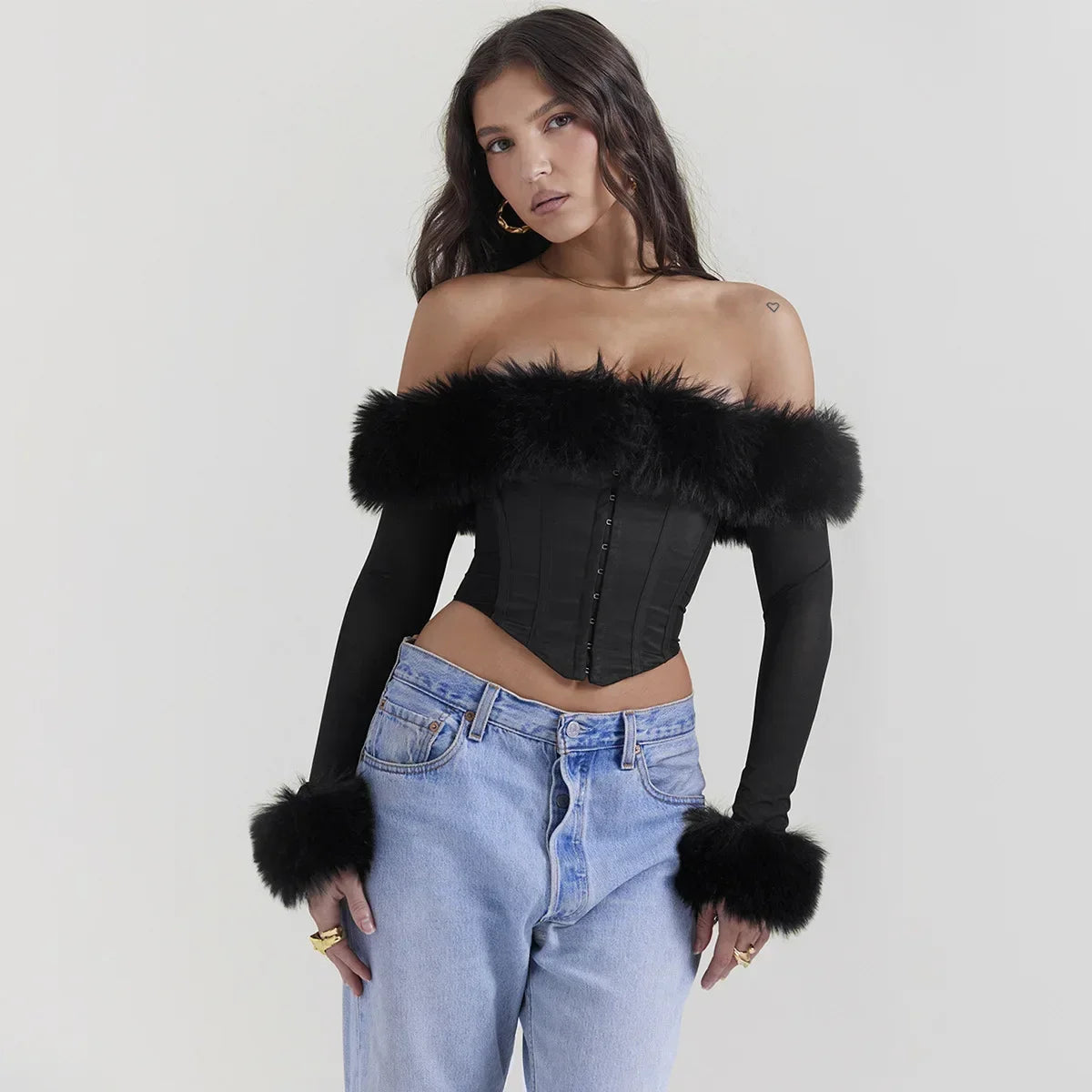 2023 Women's Detachable Fur Off-Shoulder Cropped Top - Sexy Black Long Sleeve Blouse for Autumn/Winter | Casual Party Wear, Date Night Outfit, Holiday Fashion