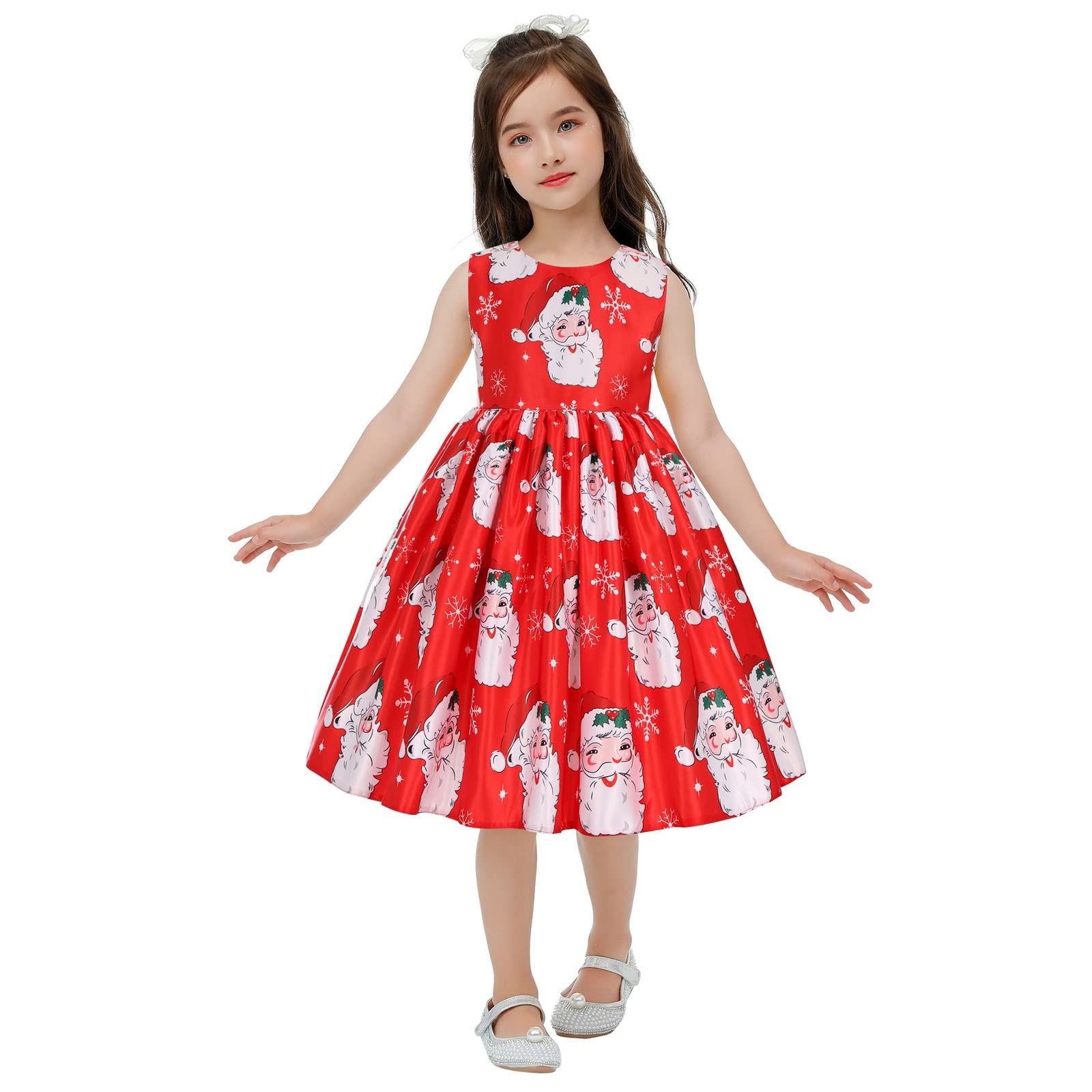 Christmas Dresses for Girls 2-10 Years - Santa Claus & Snowflakes Print Princess Party Dress with Bowknot | Holiday Outfits for Christmas Parties, Pageants & Family Photos
