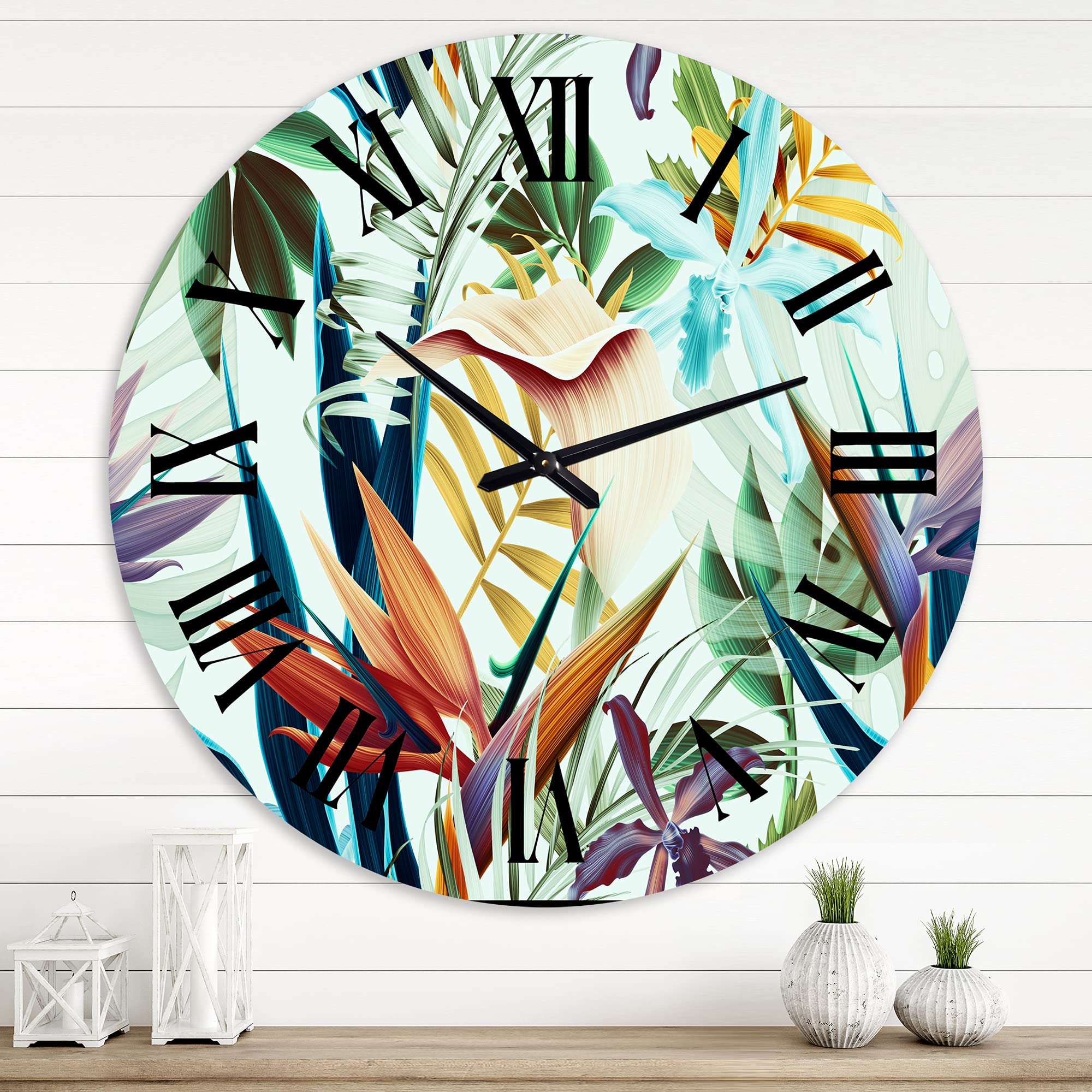 Tropical Vintage Floral Wall Clock - Large Botanical Decor for Bedroom, Living Room & Office | DesignQ Retro Style Home Décor