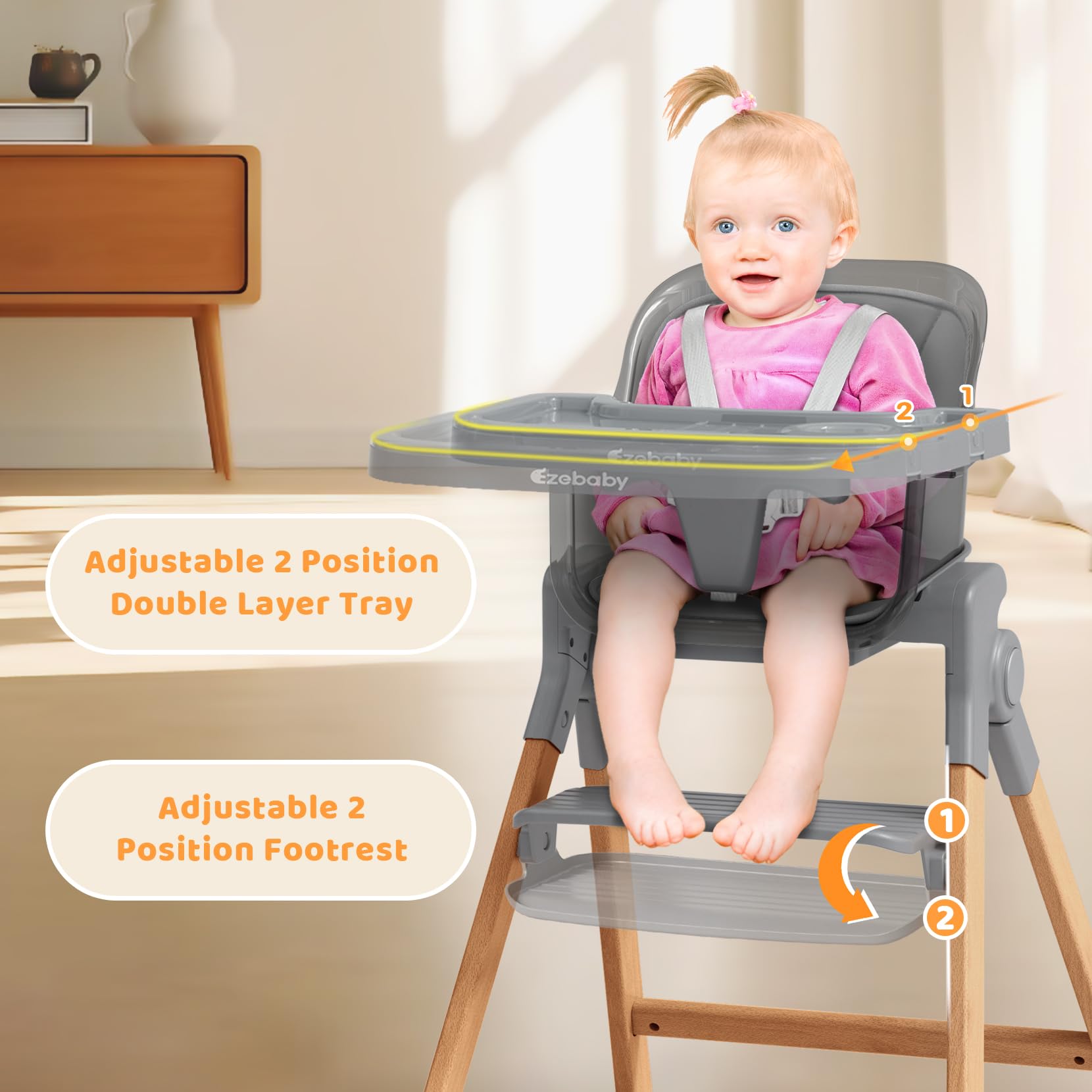 Ezebaby 3-in-1 Foldable Wooden High Chair - Convertible Baby Dining Booster Seat & Toddler Chair with Adjustable Tray | Easy Clean Baby High Chair for Home, Restaurant & Outdoor Use (Transparent Gray)
