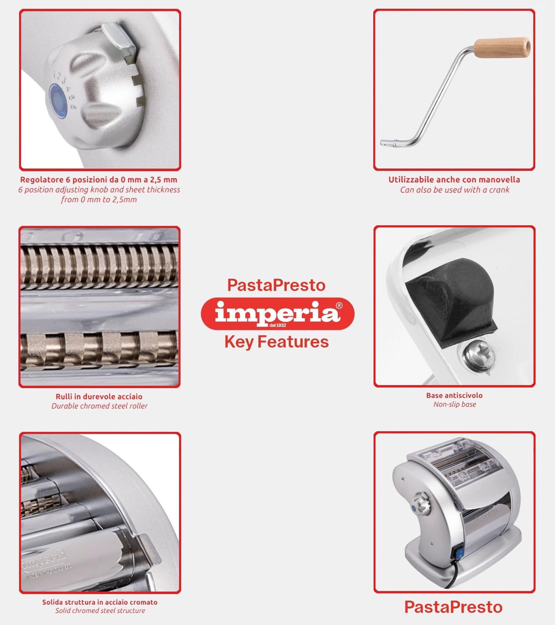 Imperia PastaPresto Electric Pasta Maker Machine 100% Made in Italy - Fresh Pasta Maker with Built-in Motor - Automatic Dough Roller for Lasagna, Spaghetti, Fettuccine - Perfect for Italian Cuisine, Home Cooking & Restaurant Use